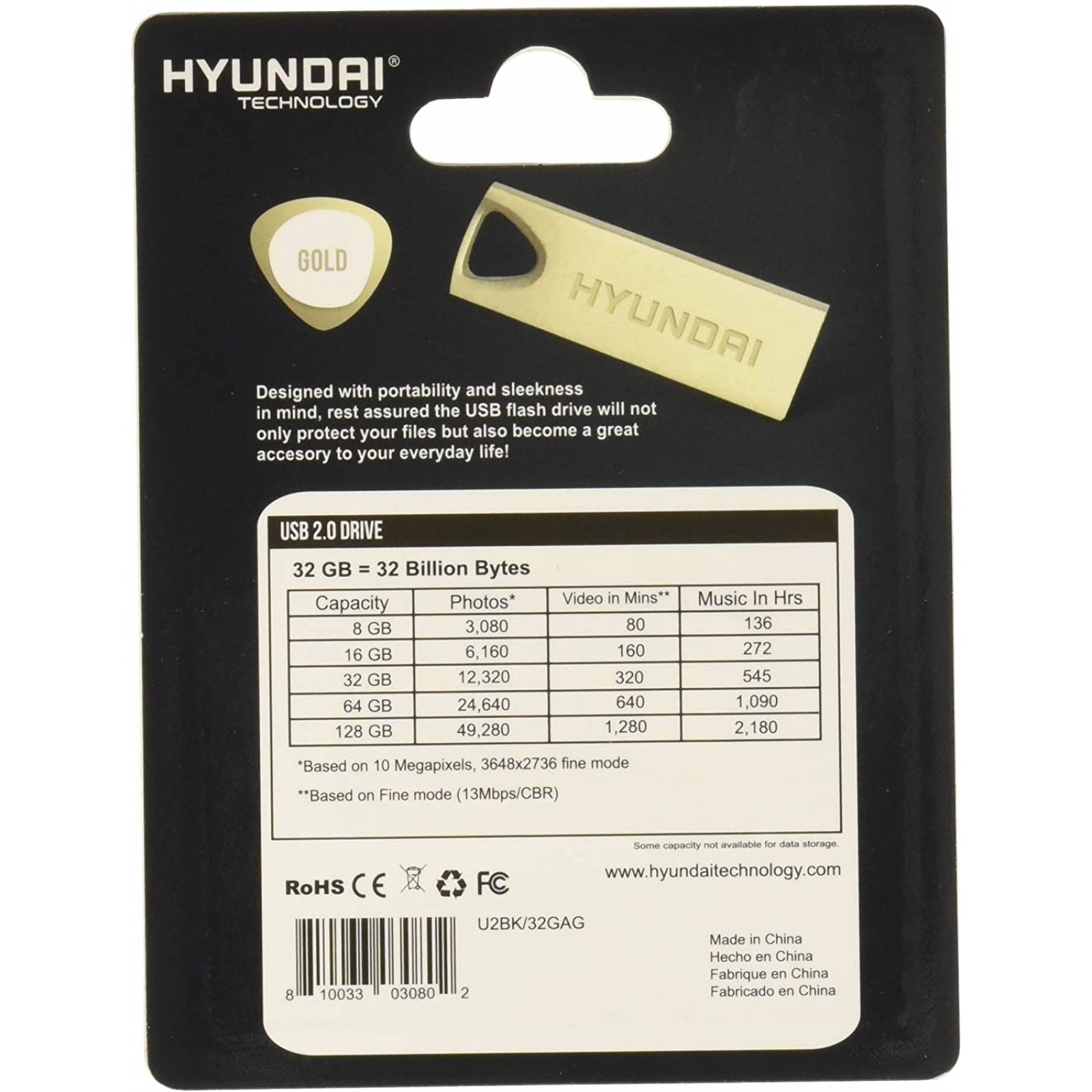 Memoria USB HYUNDAI U2BK32GAG  Oro, 32 GB, USB 2.0, 10 MBs, 3 MBs