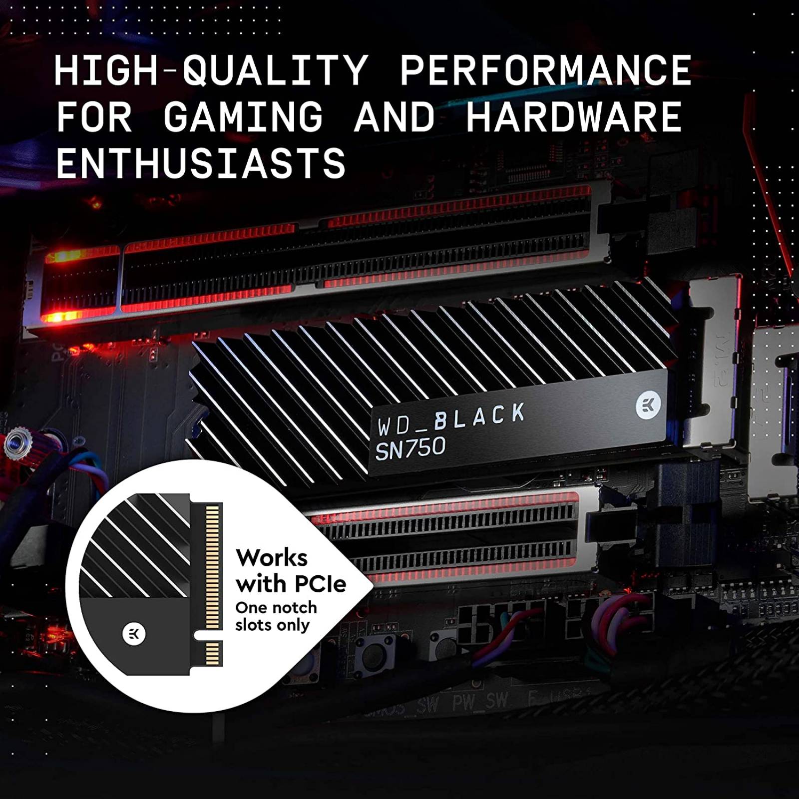 UNIDAD DE ESTADO SOLIDO SSD WD BLACK SN750 NVME M.2 500GB PCIE GEN3 8GB/S CON DISIPADOR LECT 3470MB/S ESCRIT 2600MB/S