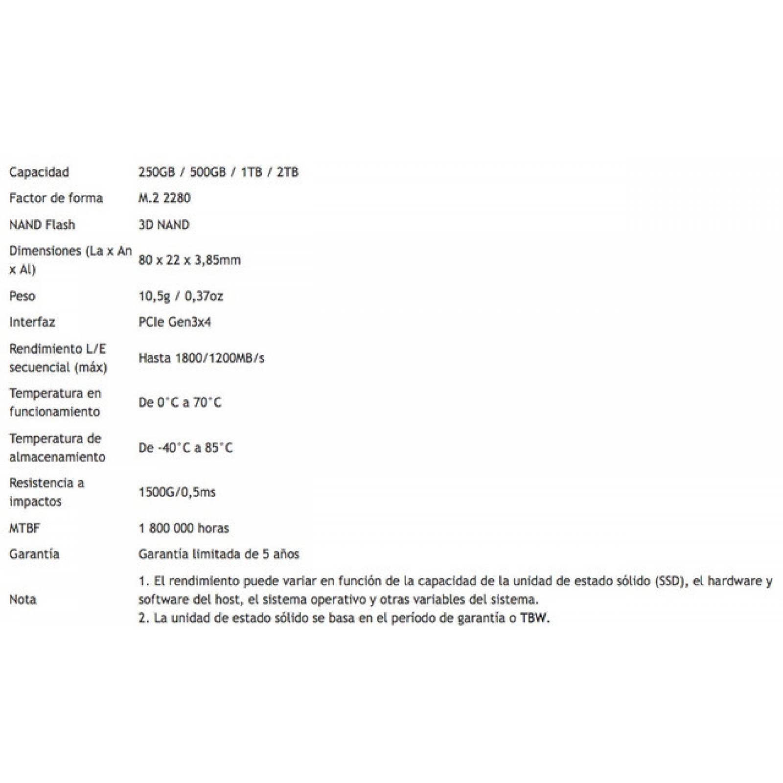Unidad de estado solido SSD M.2 NVMe Adata SWORDFISH 500GB PCIe Gen3x4 Lectura 1800MB/s Escritura 1200MB/s ASWORDFISH500GC