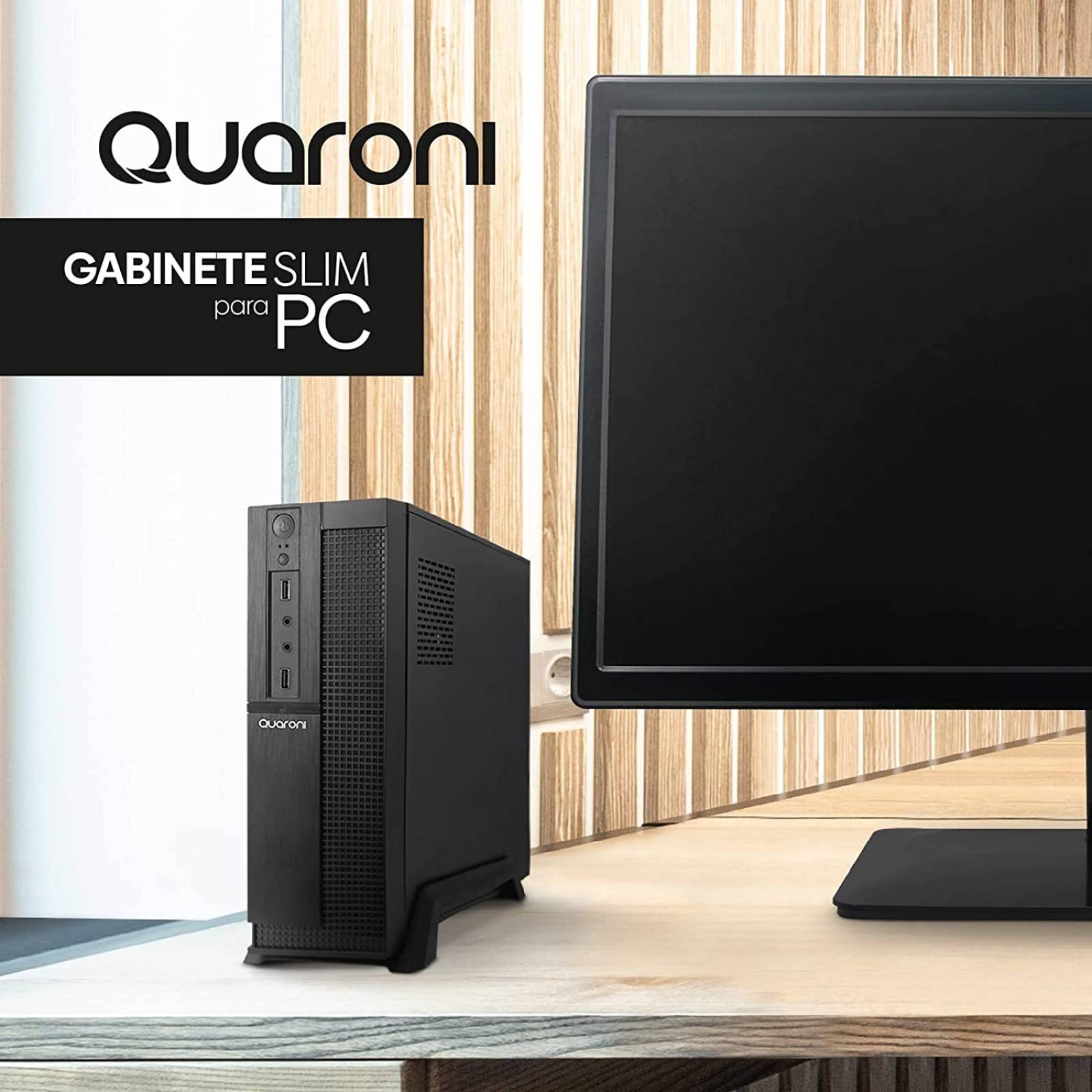GABINETE SLIM QUARONI MICRO ATX /MINI ITX/FUENTE DE PODER 500W /COLOR NEGRO ACABADO CUADRICULADO