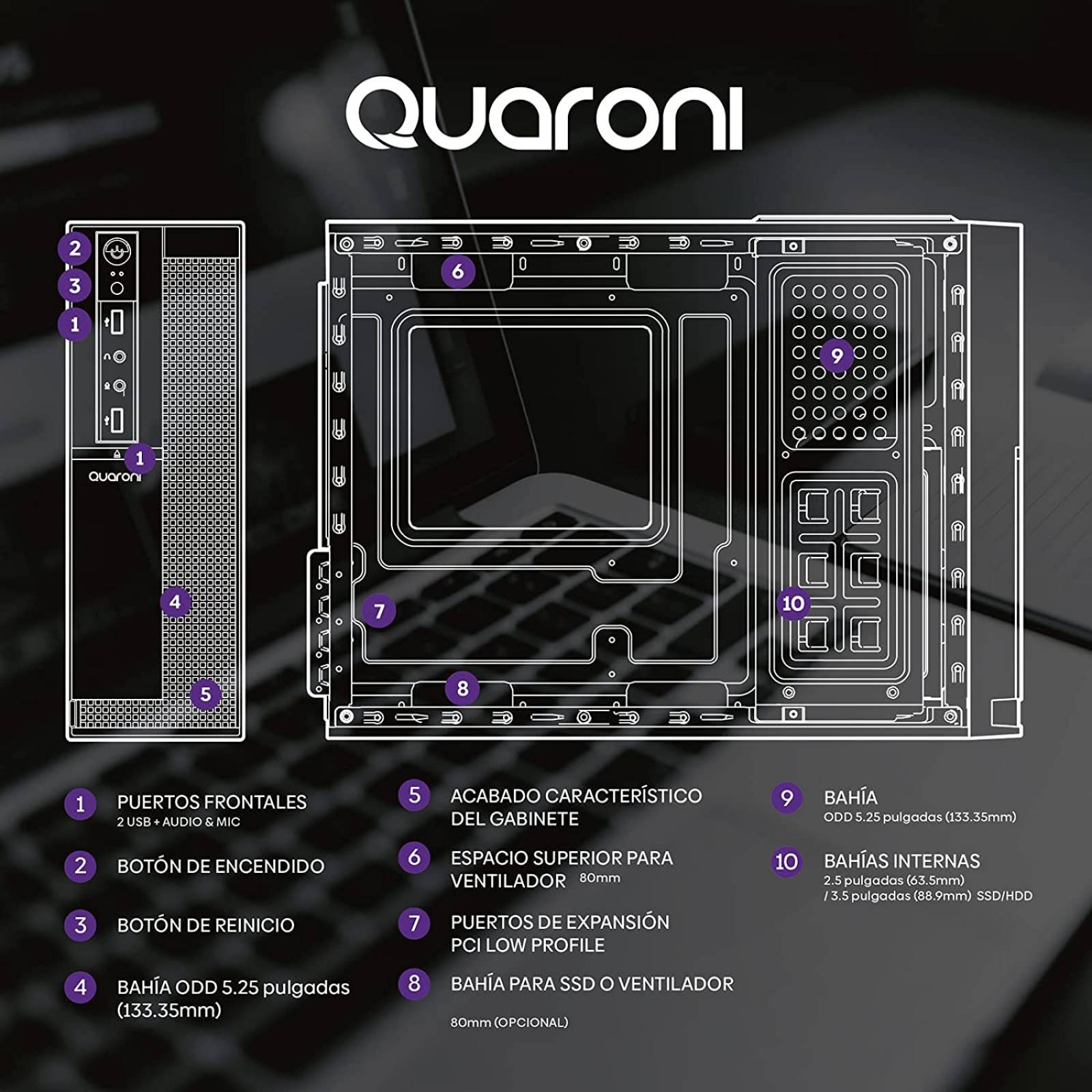 GABINETE SLIM QUARONI MICRO ATX /MINI ITX/FUENTE DE PODER 500W /COLOR NEGRO ACABADO CUADRICULADO