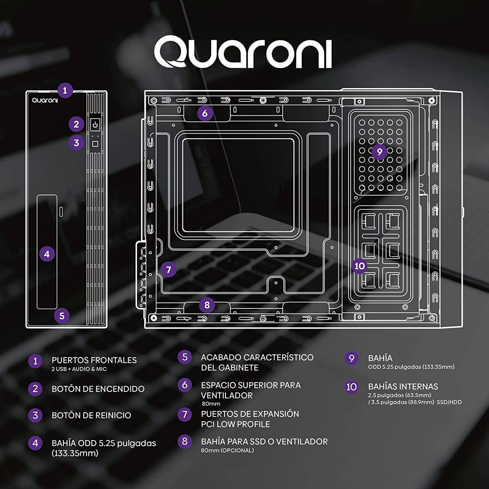 GABINETE SLIM QUARONI MICRO ATX /MINI ITX/FUENTE DE PODER 500W /COLOR NEGRO ACABADO CEPILLADO