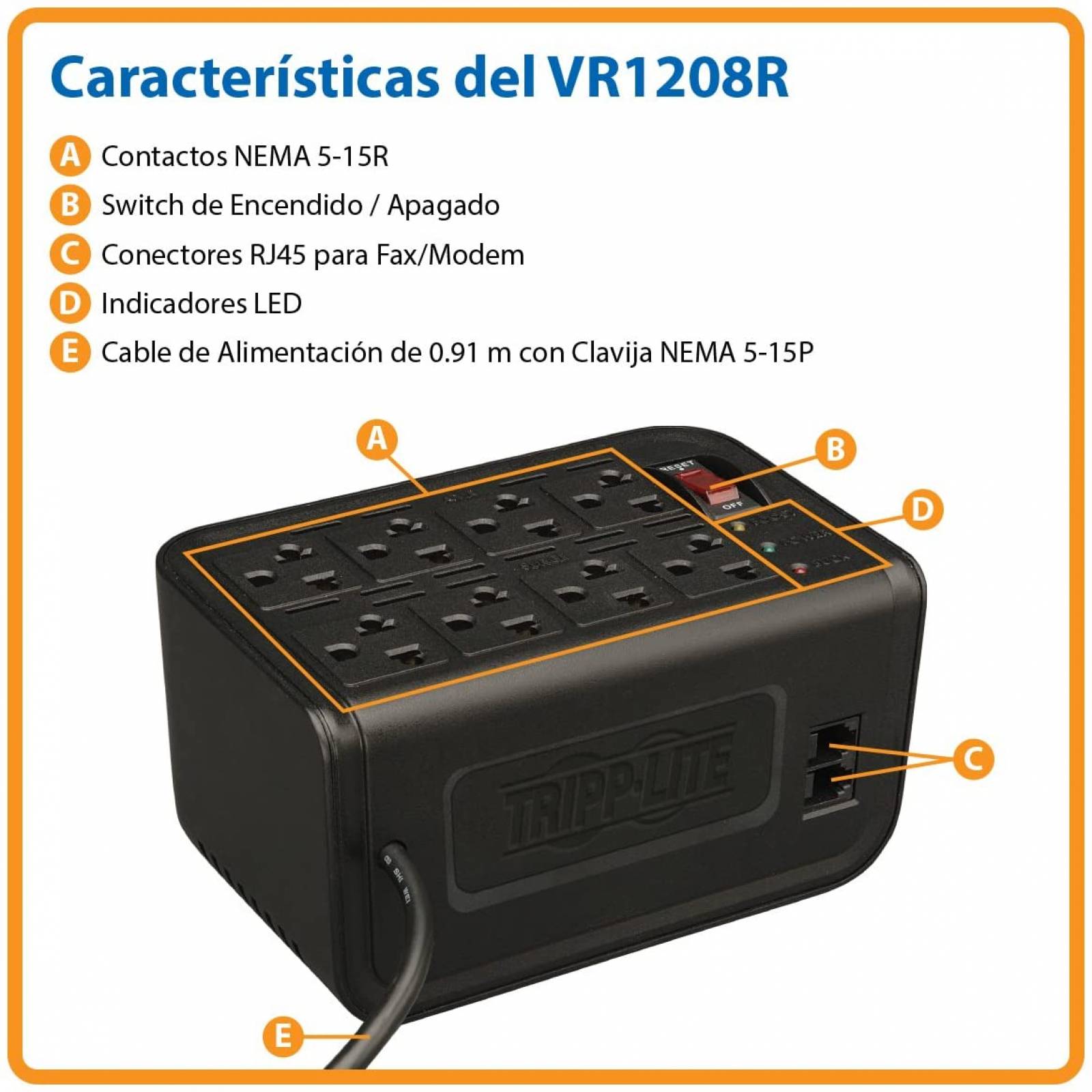 Regulador TRIPP-LITE - 8, Negro, Hogar y Oficina, 1200 VA