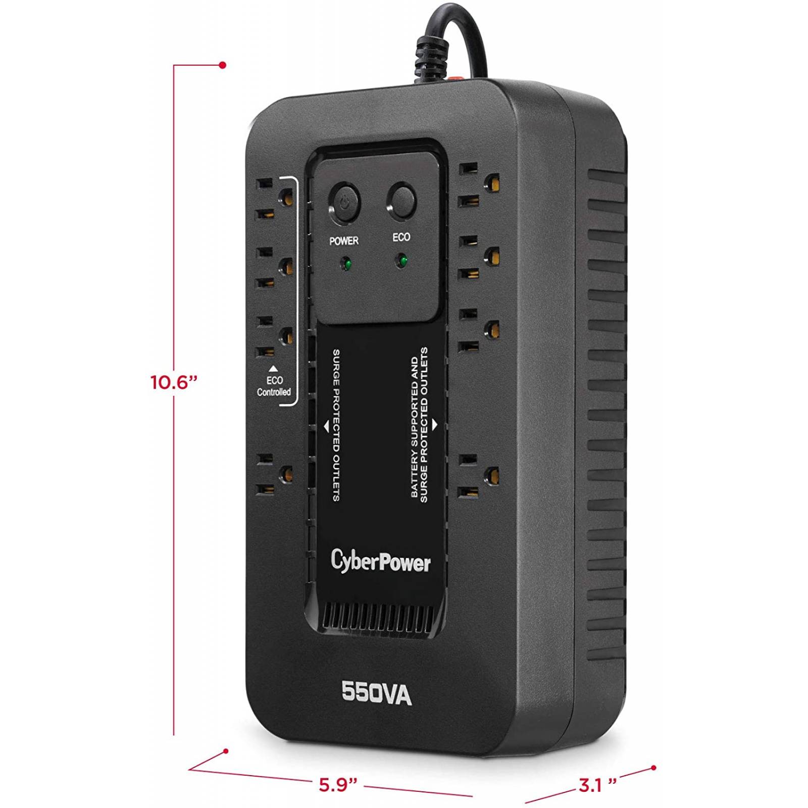 No-Break CyberPower EC550G - 550 VA, 330 W, 8 h, Negro, Hogar y Oficina