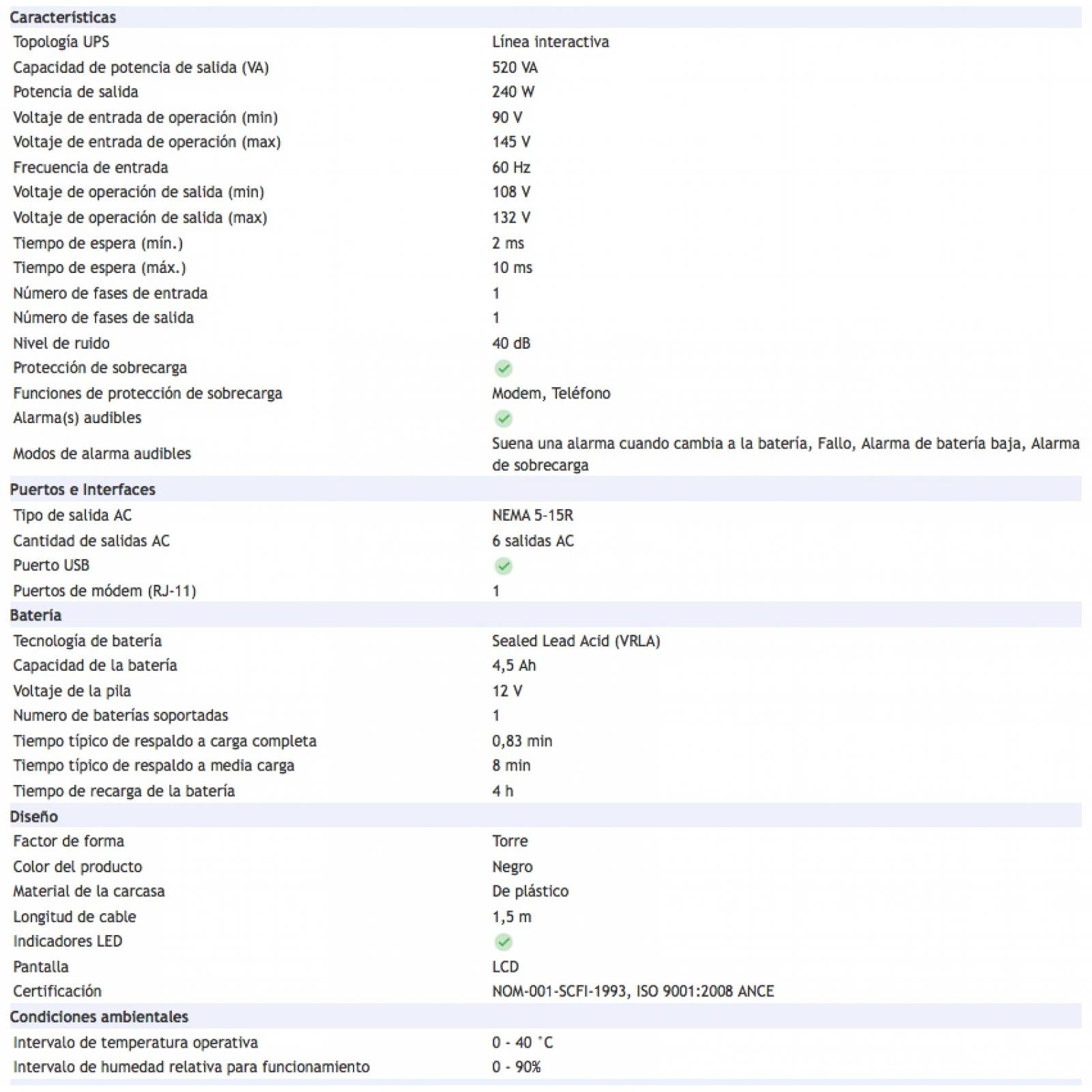 Nobreak Koblenz 5216 R 00-4241-00-6 240 W, 520 VA, Tiempo de Respaldo 8 Min, 6 salidas AC Contactos, 1 puertos RJ11, pantalla LCD