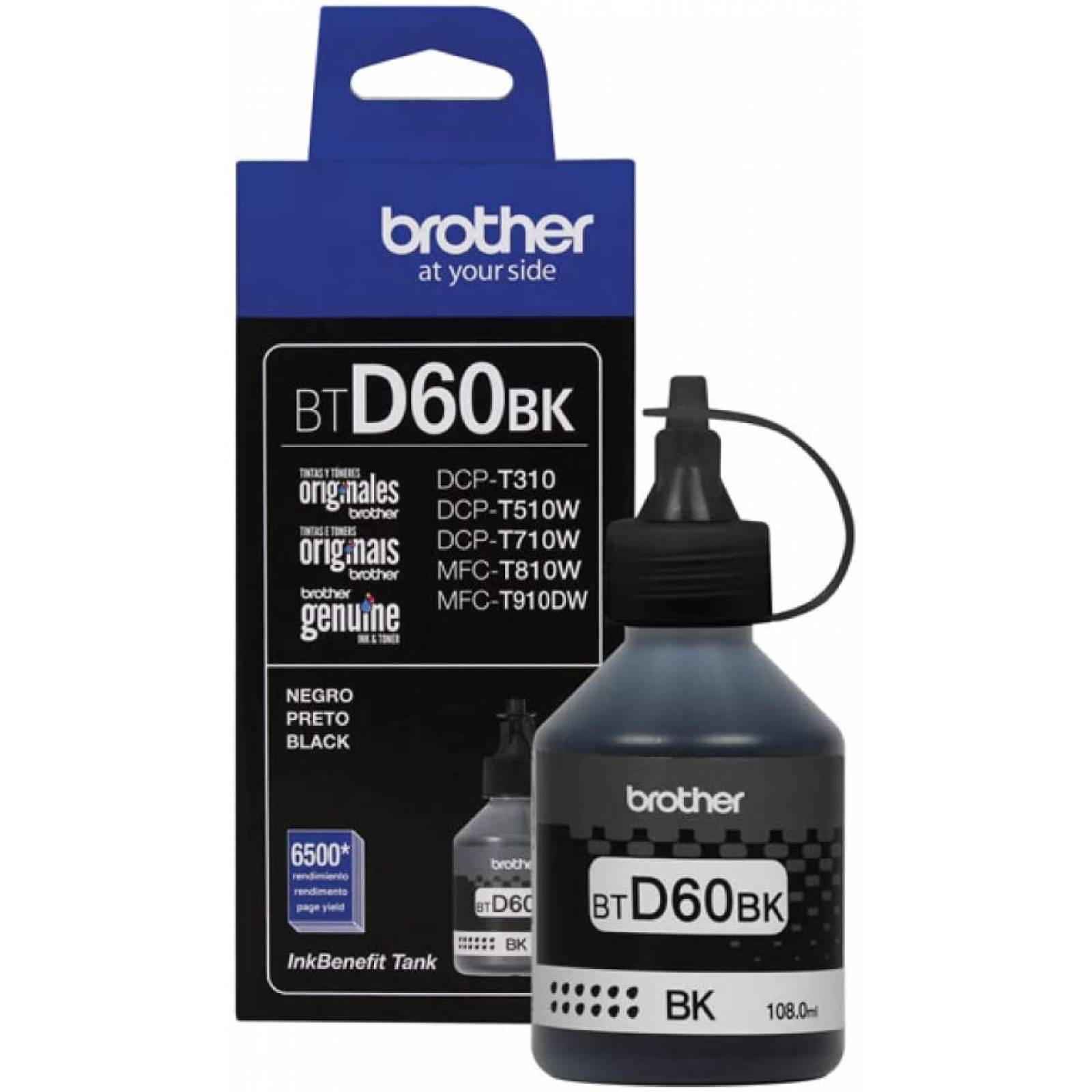 Cartucho de tinta Brother D60BK, Rendimiento 6500 Paginas, 108ml, Color Negro ((BTD60BK)) original