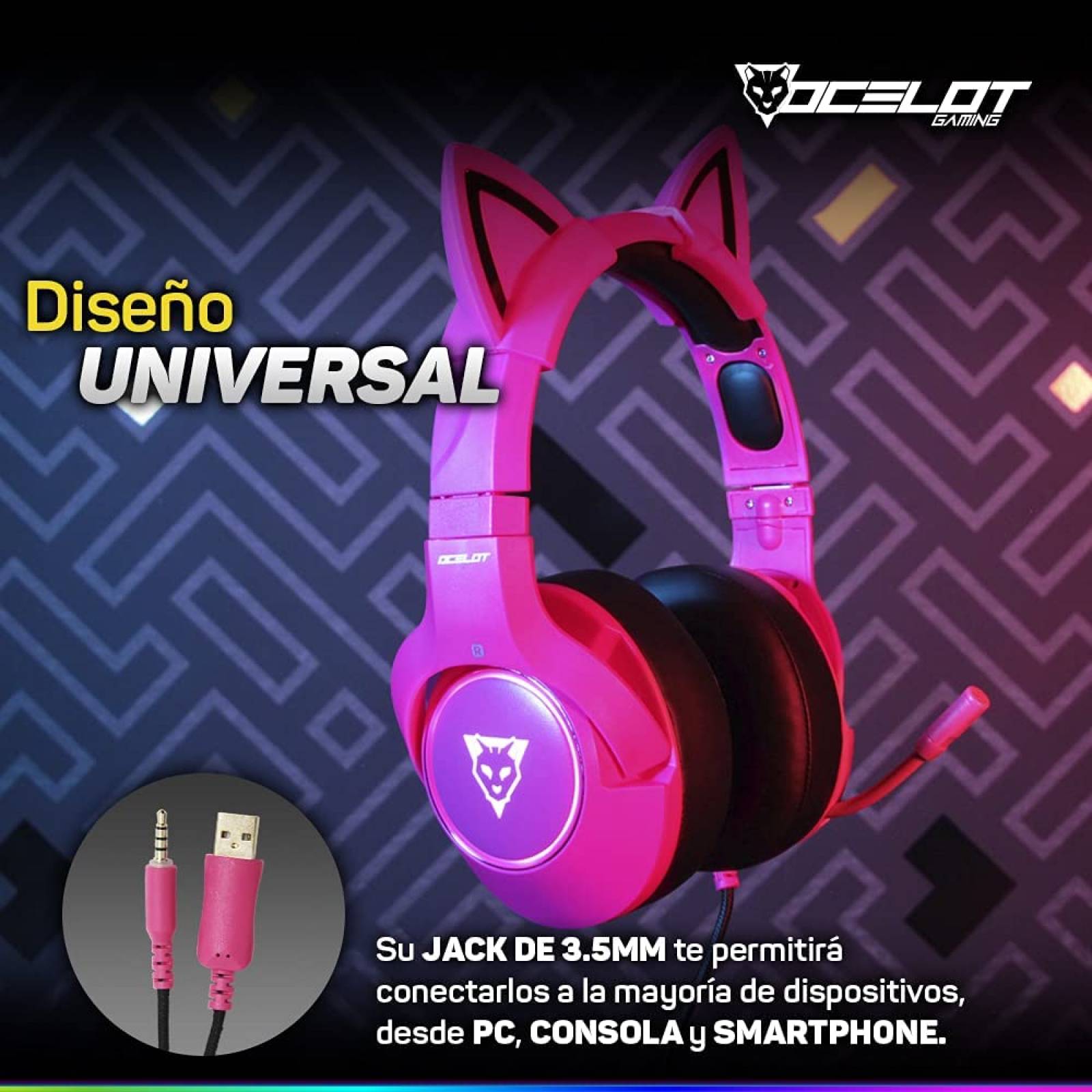 AUDIFONOS GAMER OCELOT TIPO DIADEMA OVER EAR USB 3.5MM COLOR ROSA