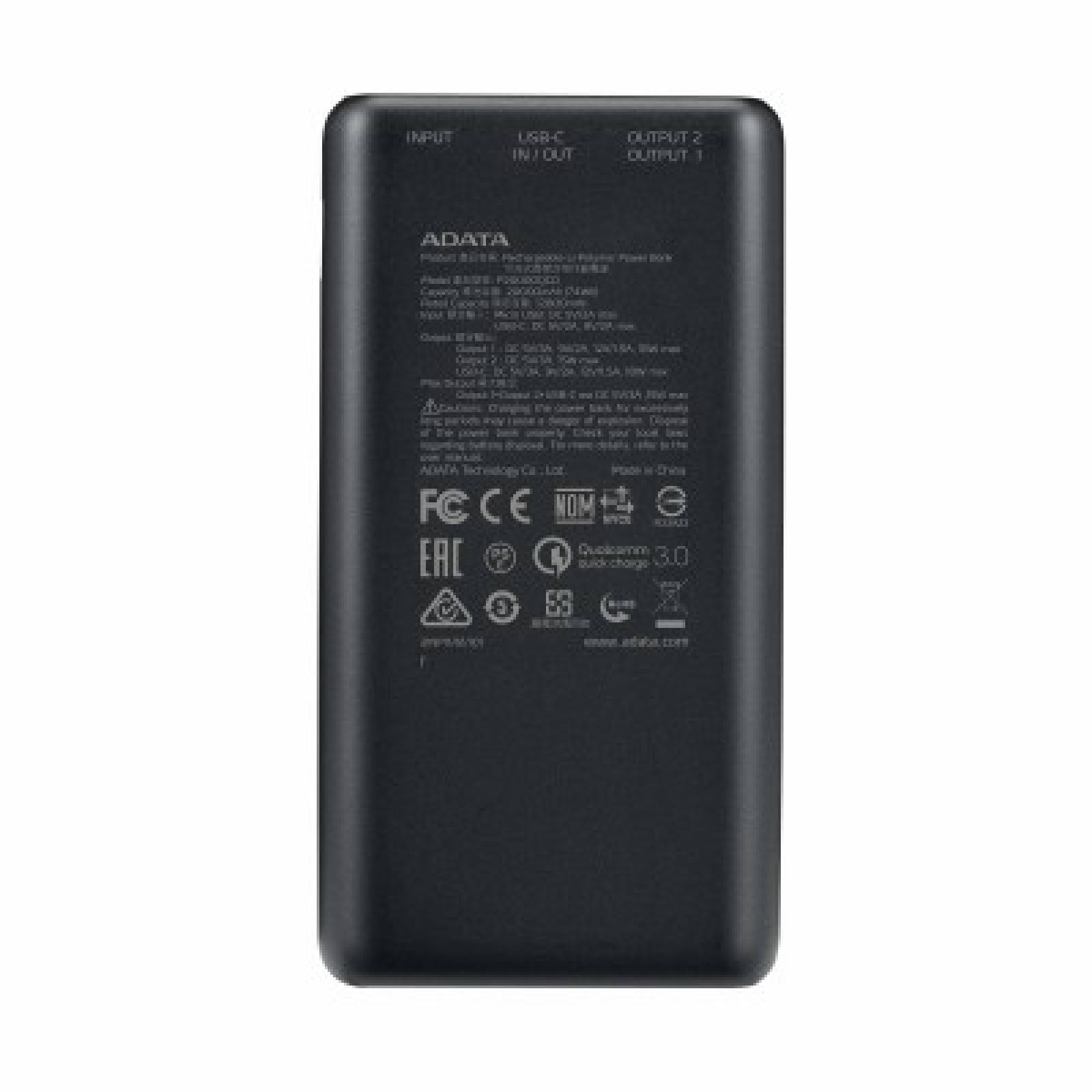 Cargador portatil (Power Bank) Adata Negro P20000QCD, Capacidad 20000 mAh, interfaz 1xUSB-C, 2xUSB 2.0, Soporta 3 dispositivos, AP20000QCD-DGT-CBK