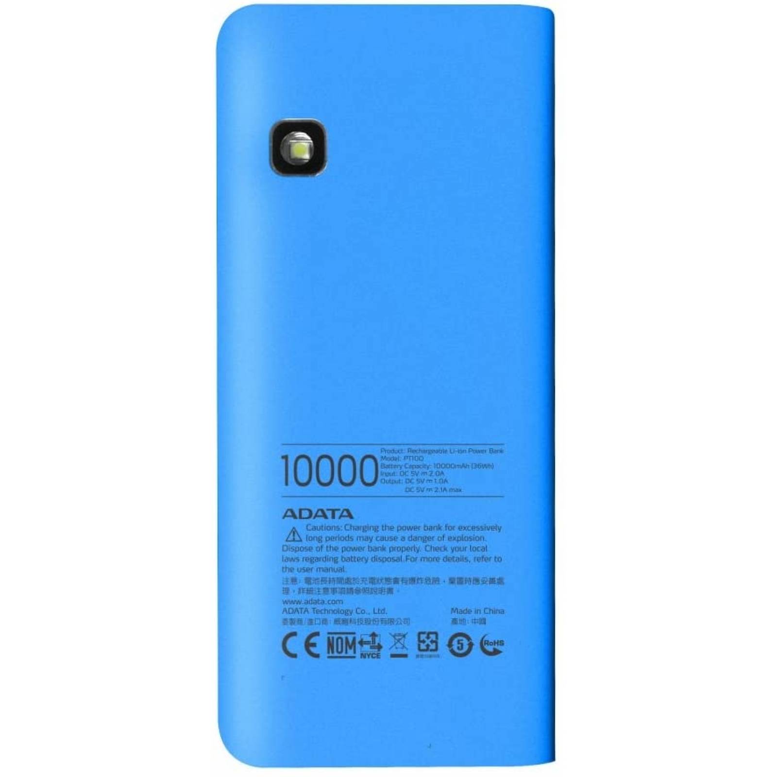 Cargador Portátil (power bank) ADATA PT100, 5V, 2 Puertos 1A/2.1A, 10000mAh, Lithium-ion, Azul, (APT100-10000M-5V-CBLWH)