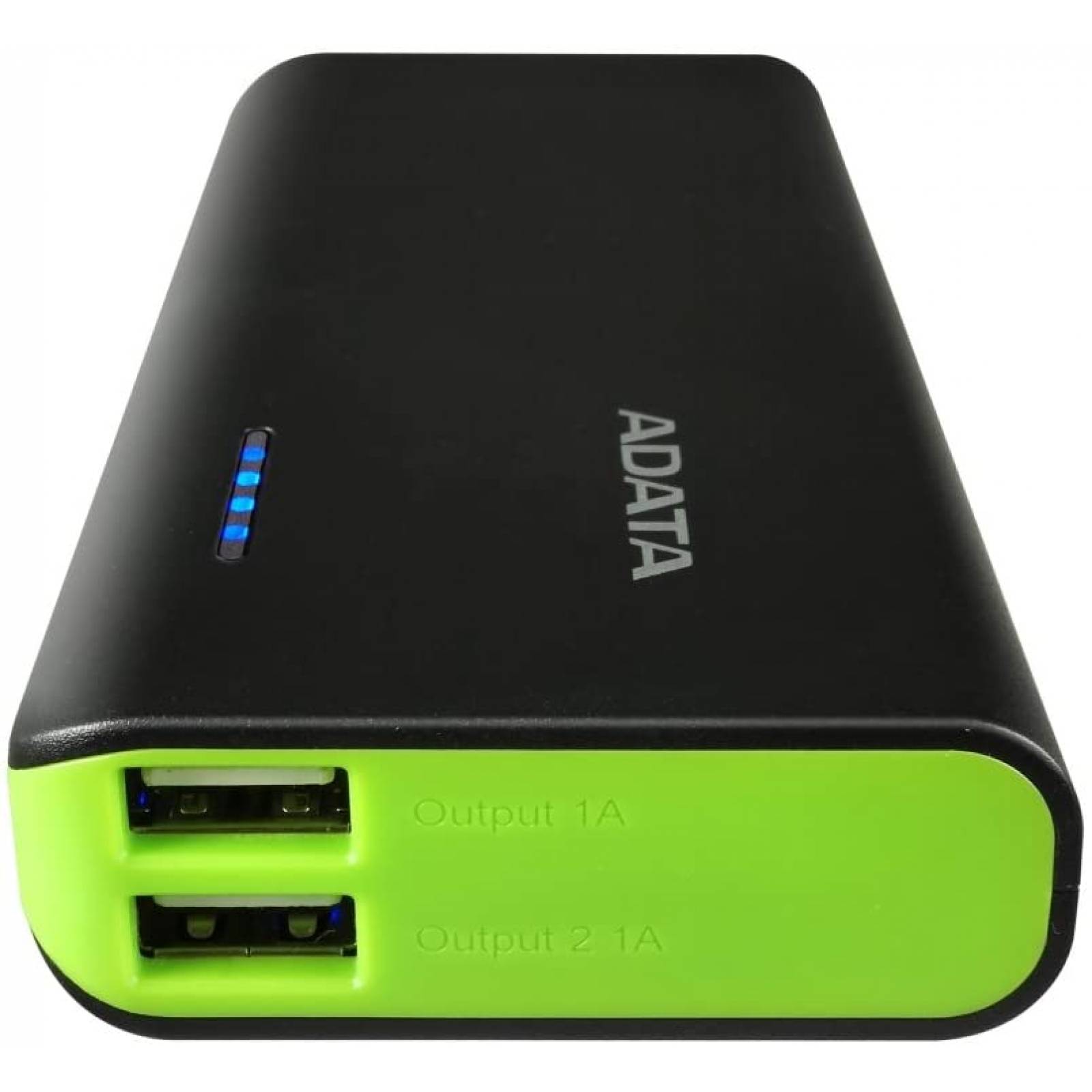 CARGADOR PORTATIL POWER BANK ADATA PT100 10,000MAH 2 SALIDAS USB 5V, 3ampers, LAMPARA LED, NEGRO/VERDE