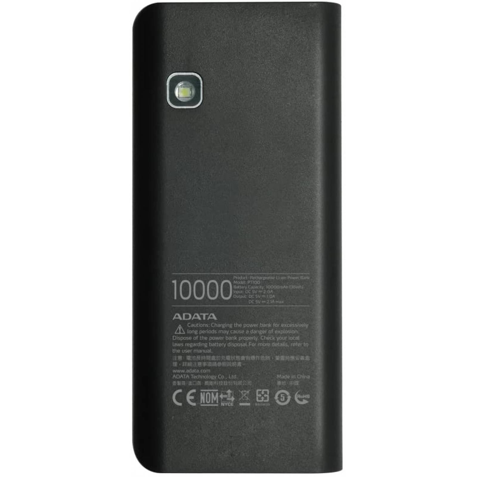 CARGADOR PORTATIL POWER BANK ADATA PT100 10,000MAH 2 SALIDAS USB 5V, 3ampers, LAMPARA LED, NEGRO/VERDE