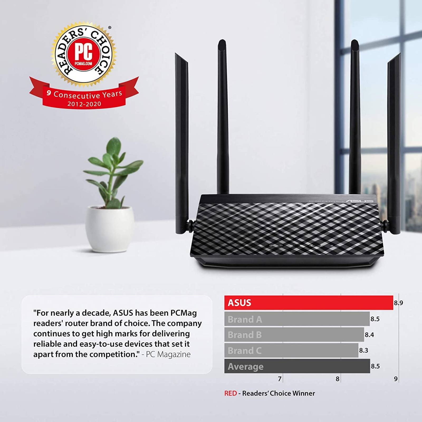 Router Asus Gigabit RT-AC1200 V2 AC1200, Doble banda 2.4GHz 300Mbps, 5GHz 867Mbps, 4xLan, 4 antenas, 90IG0550-BA1400