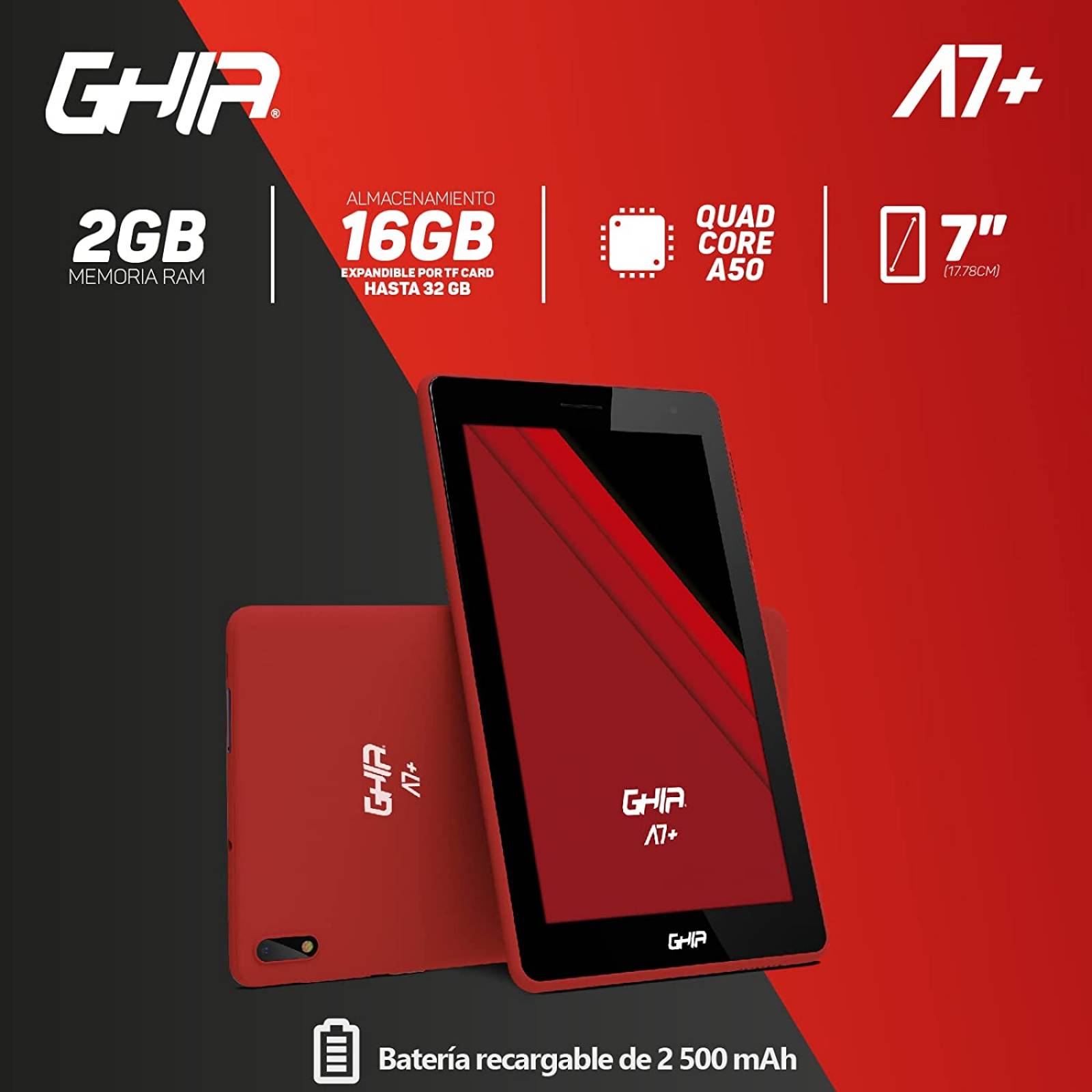TABLET GHIA 7 A7 PLUS/A100 QUADCORE /2GB RAM/16GB /2CAM/WIFI/BLUETOOTH/2500MAH/ANDROID 10 /ROJA