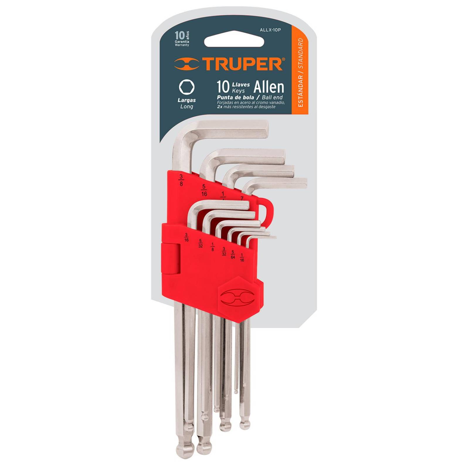 Juego de 10 llaves allen, punta bola, largas, standard Truper 