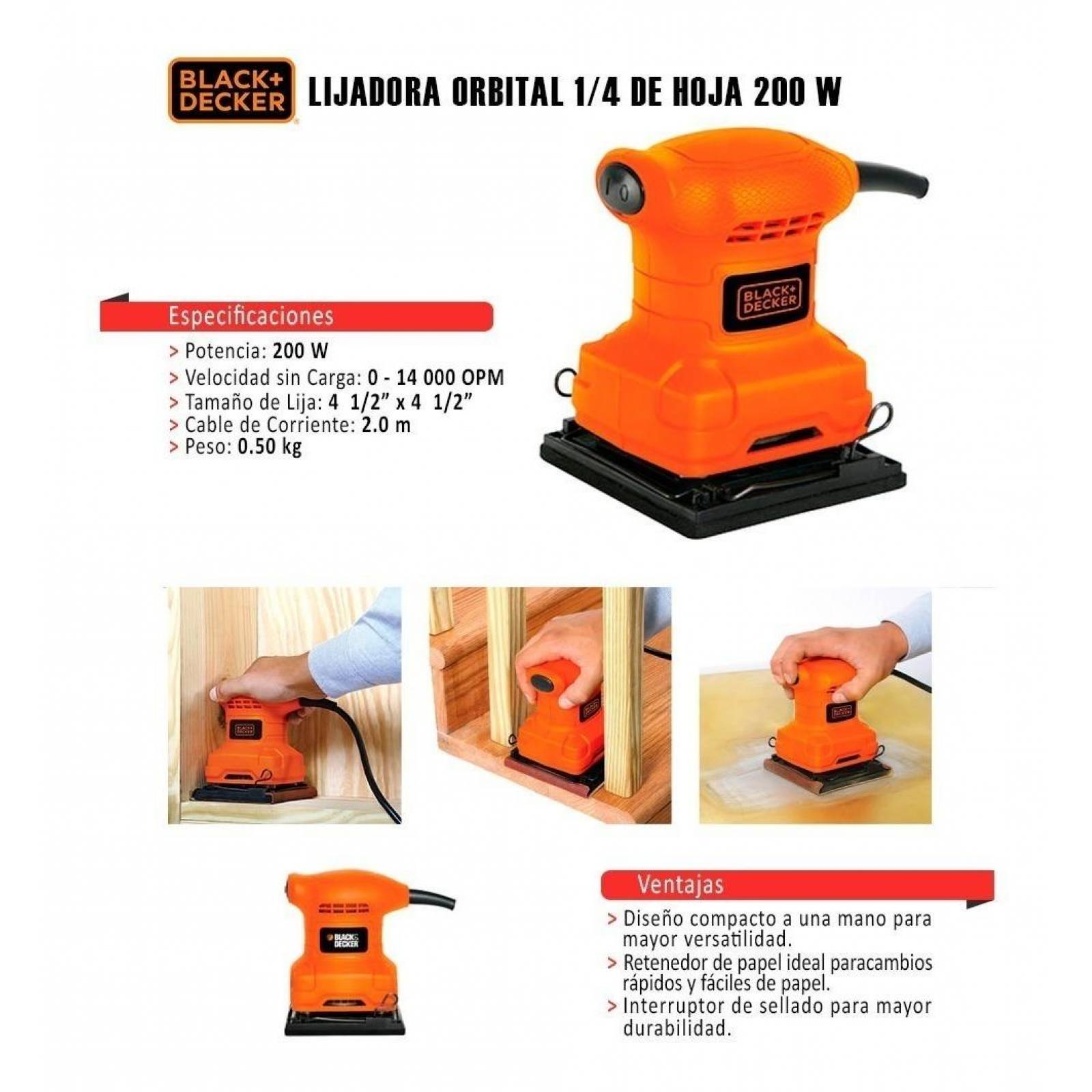 Lijadora orbital de 1/4 200w bs200-b3 black and decker 