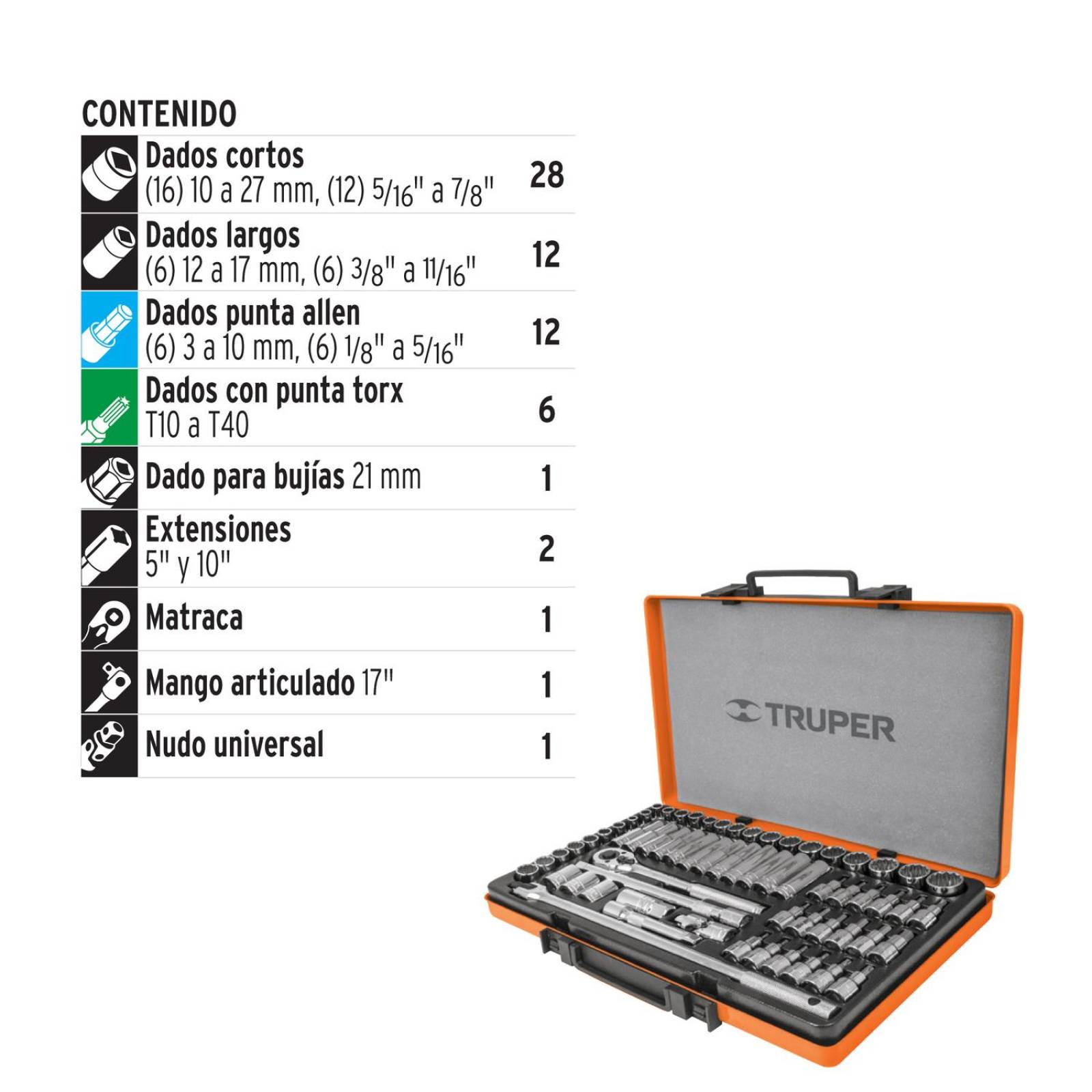 Juego de dados, cuadro 1/2', 64 piezas, std y mm Truper 