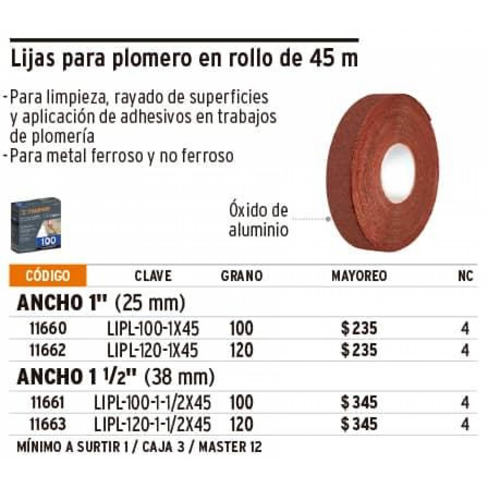 Lija para plomero, grano 100, 1-1/2 x 45' Truper 