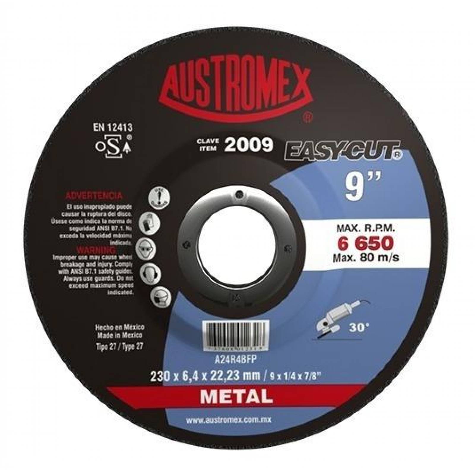 Disco desbaste metal 9x1/4x7/8 austromex 2009 1 pzs 