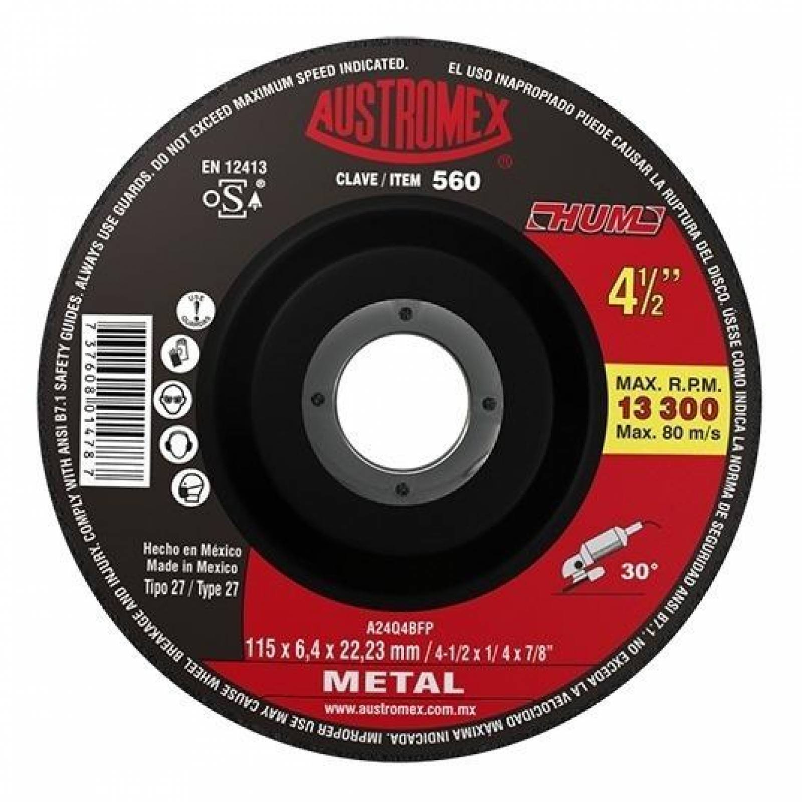 Disco desbaste metal 4 1/2 austromex 560 5 pzs 