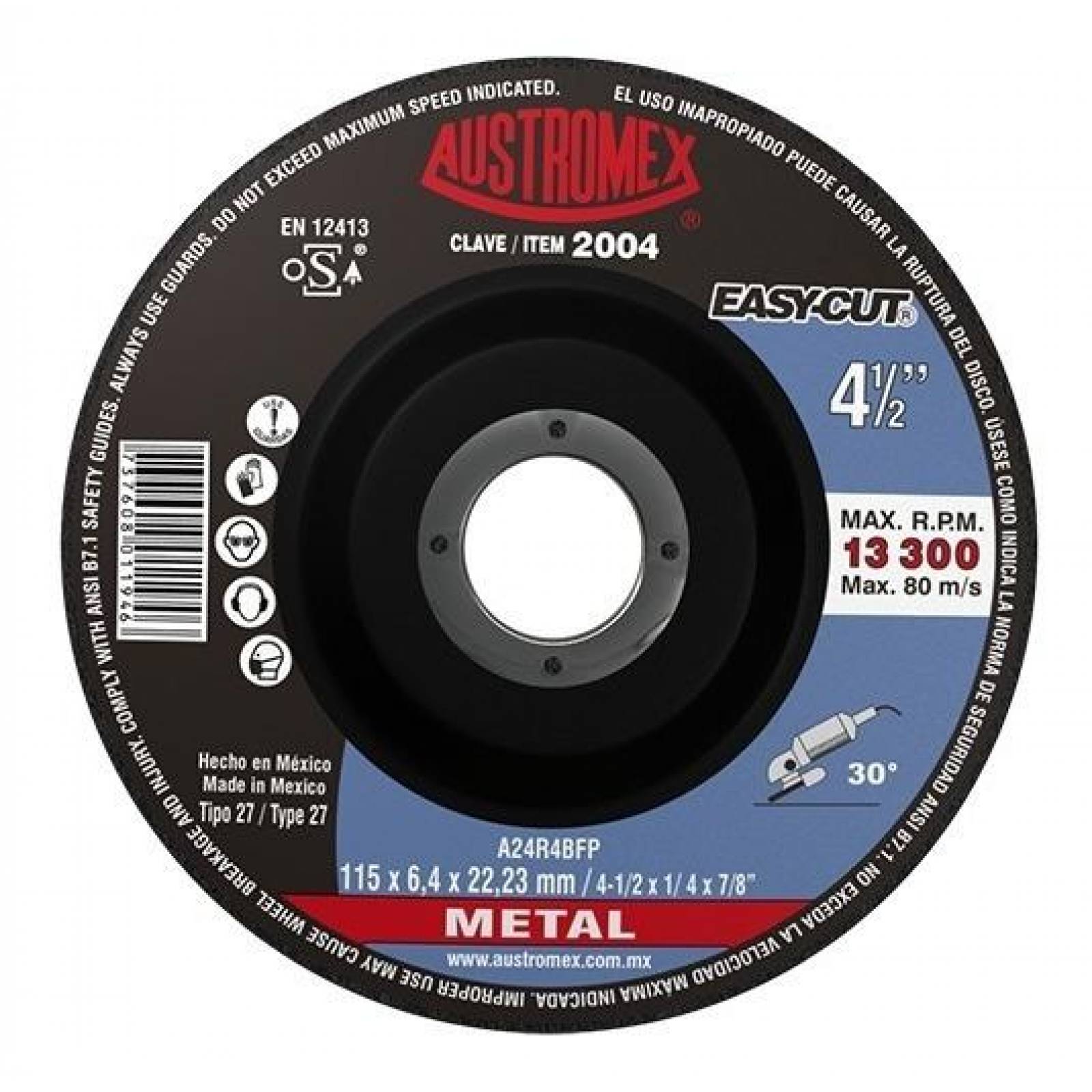 Disco desbaste metal 4-1/2 x 1/4 x 7/8 austromex 2004