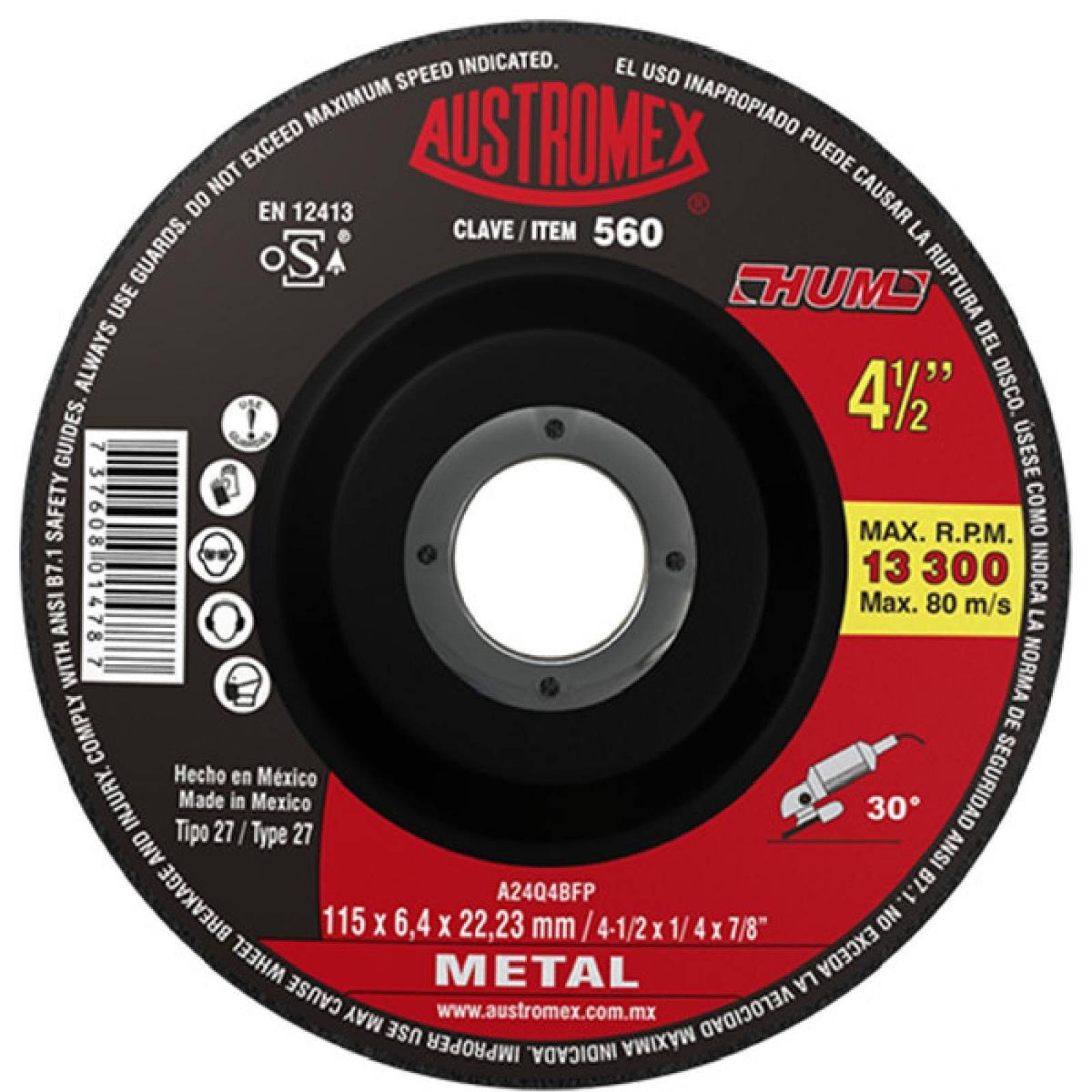 Caja con 25 discos para desbaste con centro deprimido 4 1/2 austromex 560 