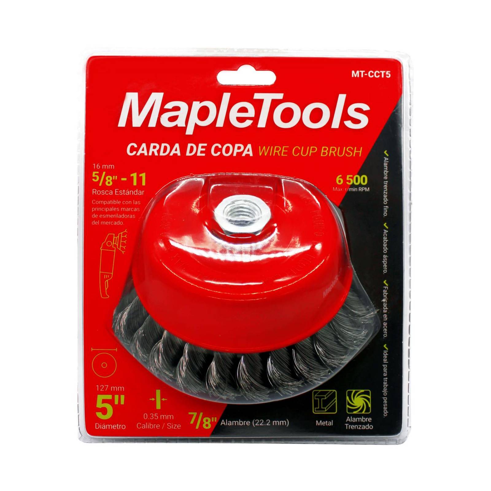 Carda copa alambre trenzado eje 5/8 5" maple tools 