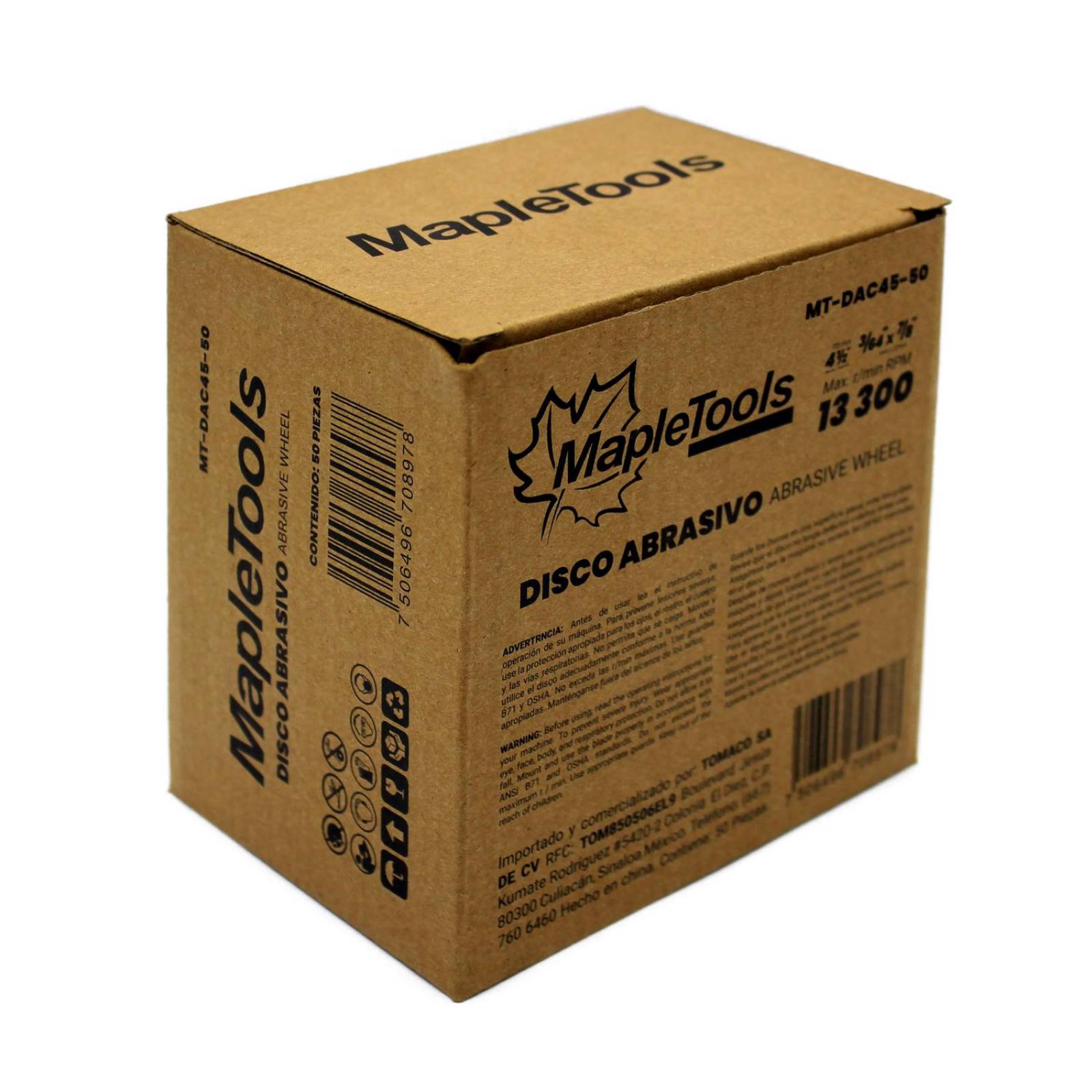 CAJA CON 50 DISCOS ABRASIVOS DE CORTE 4 1/2 MAPLE TOOLS. 