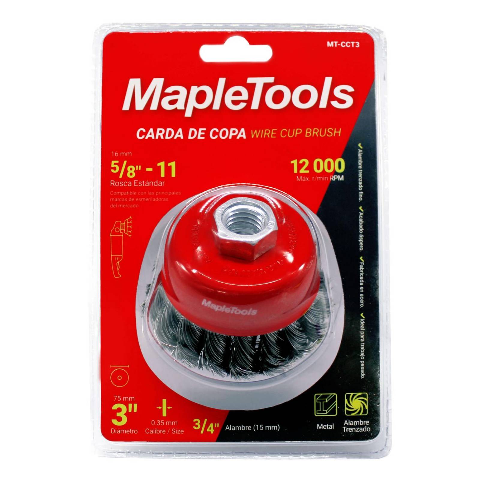 Carda copa alambre trenzado eje 5/8 3" maple tools 