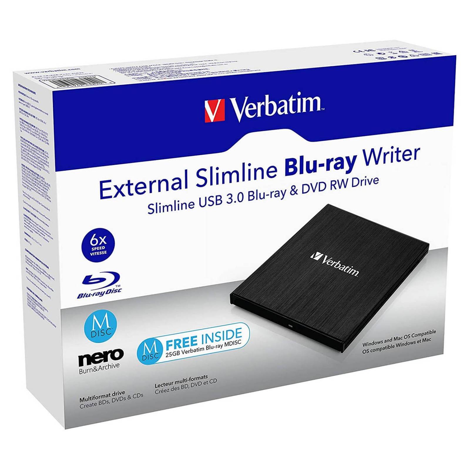 Verbatim Slimline BLU-Ray RW Externo Unidad de Disco óptico Negro Chico