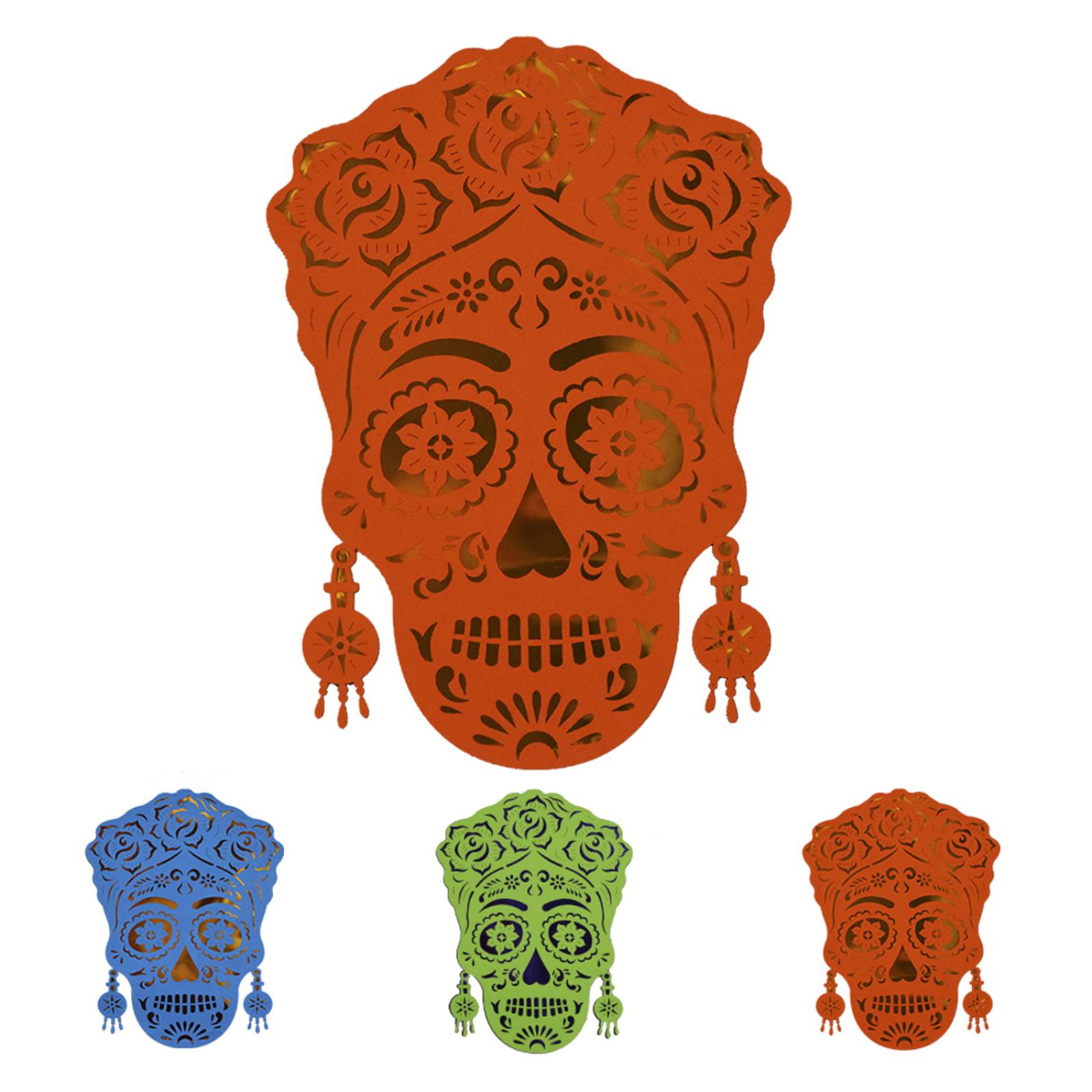 PAPEL PICADO PARA DECORACIONES - CALAVERA FRIDA 3 PIEZAS -CARTULINA Y PAPEL METALICO