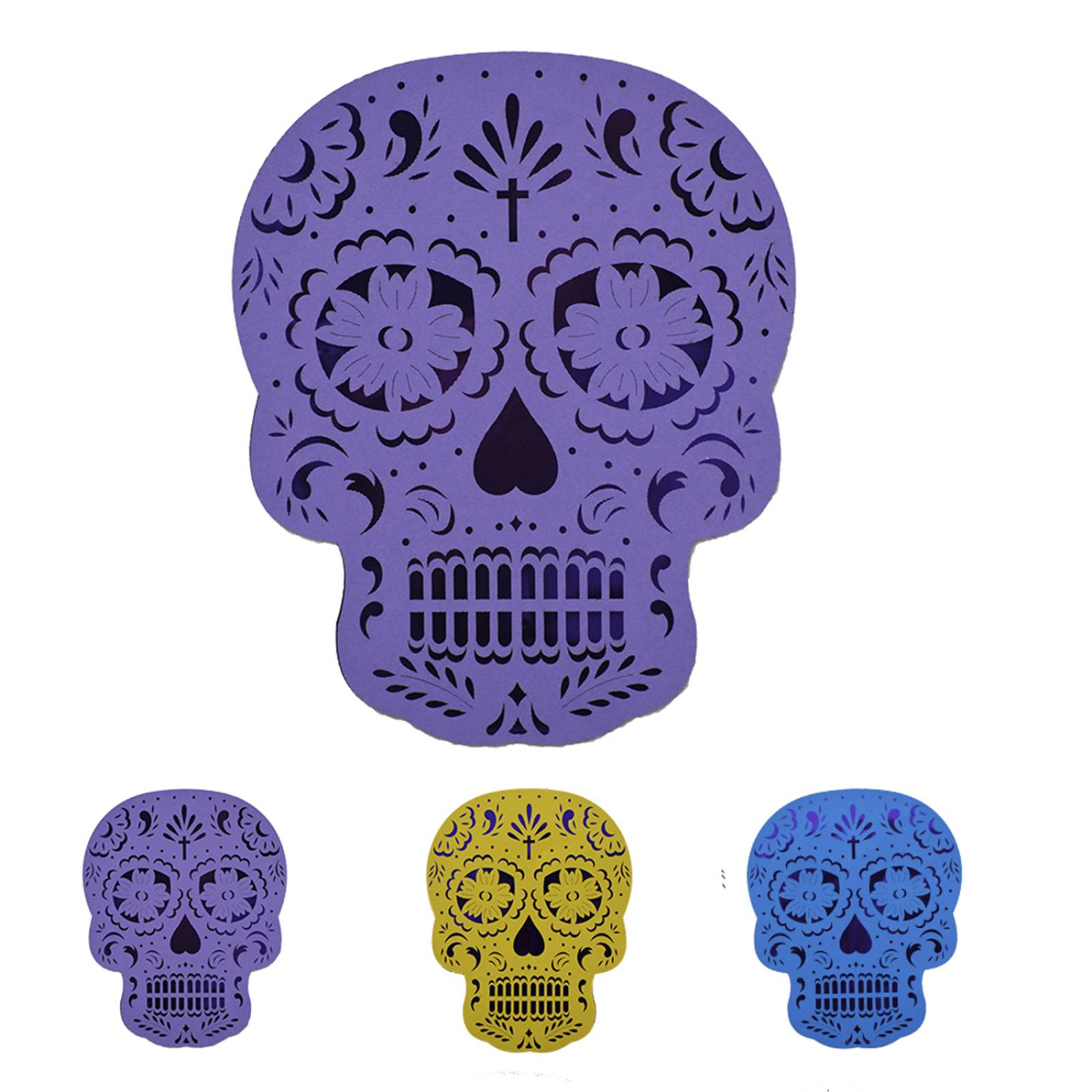 PAPEL PICADO PARA DECORACIONES - CALAVERA  3 PIEZAS -CARTULINA Y PAPEL METALICO (Hecho a mano)