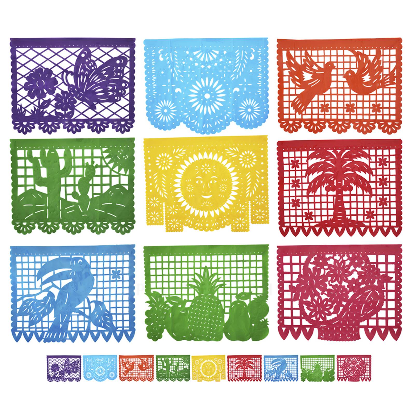 PAPEL PICADO ALEGRIA MEXICANA -  5 TIRAS DE 5 METROS DE LONGITUD CON 9 CARPETAS (25 METROS) PAPEL CHINA - PLASTICO (Hecho a Mano)