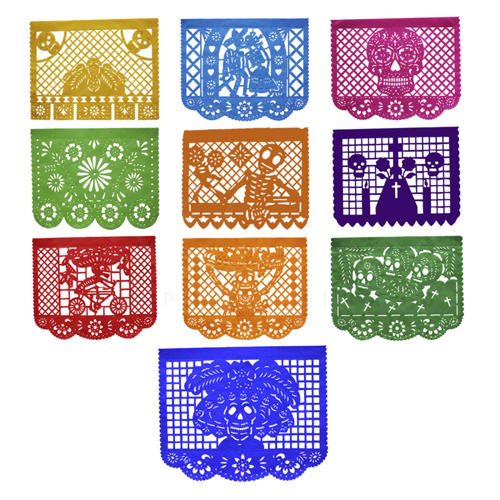 PAPEL PICADO 2 TIRAS FESTIVAL DE DIA DE MUERTOS Y 2 TIRAS ALEGRIA MEXICANA-  (4 TIRAS DE 5 METROS DE LONGITUD 20 METROS) PAPEL CHINA - SEDA (Hecho a Mano)