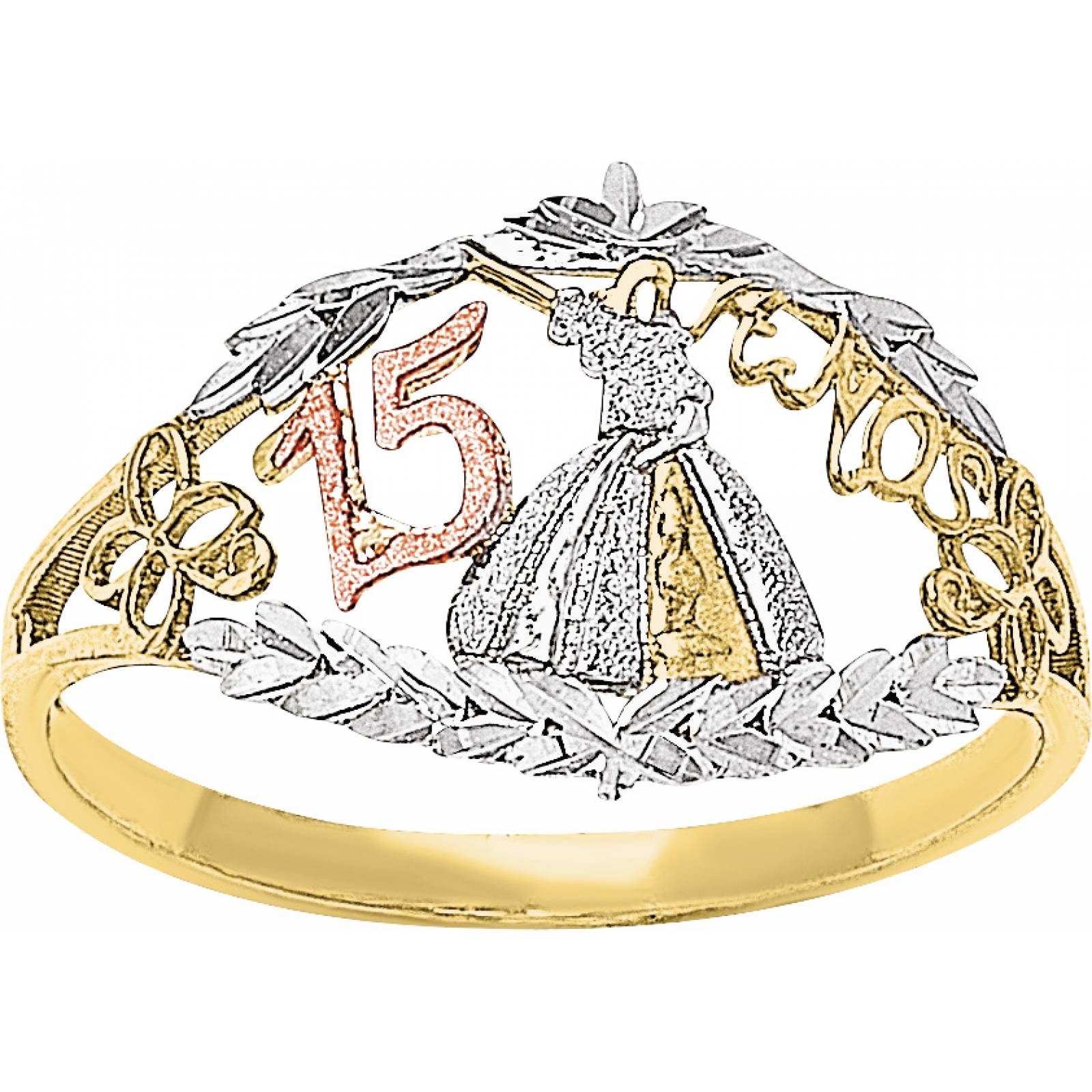 Anillo Quinceañera Vestido 3 Col Oro 10K - 687.