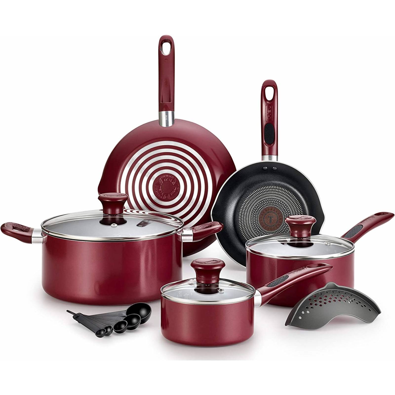 T-fal B039SE64 B039SE Excite ProGlide Antiadherente Thermo-Spot Indicador de calor Lavavajillas Horno Seguro Juego de utensilios de cocina, 14 piezas, Rojo, Rio