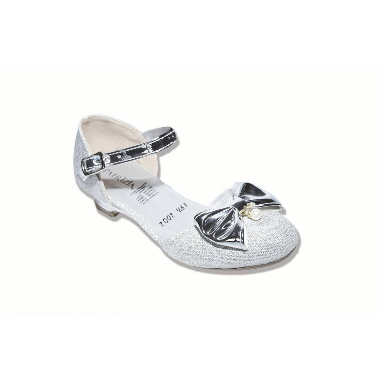 Zapato fiesta niña plata correa moño tacón 22/24-
