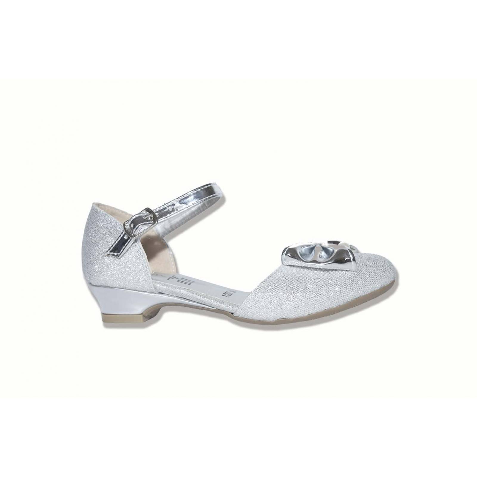 Zapato fiesta niña plata correa moño tacón 22/24-