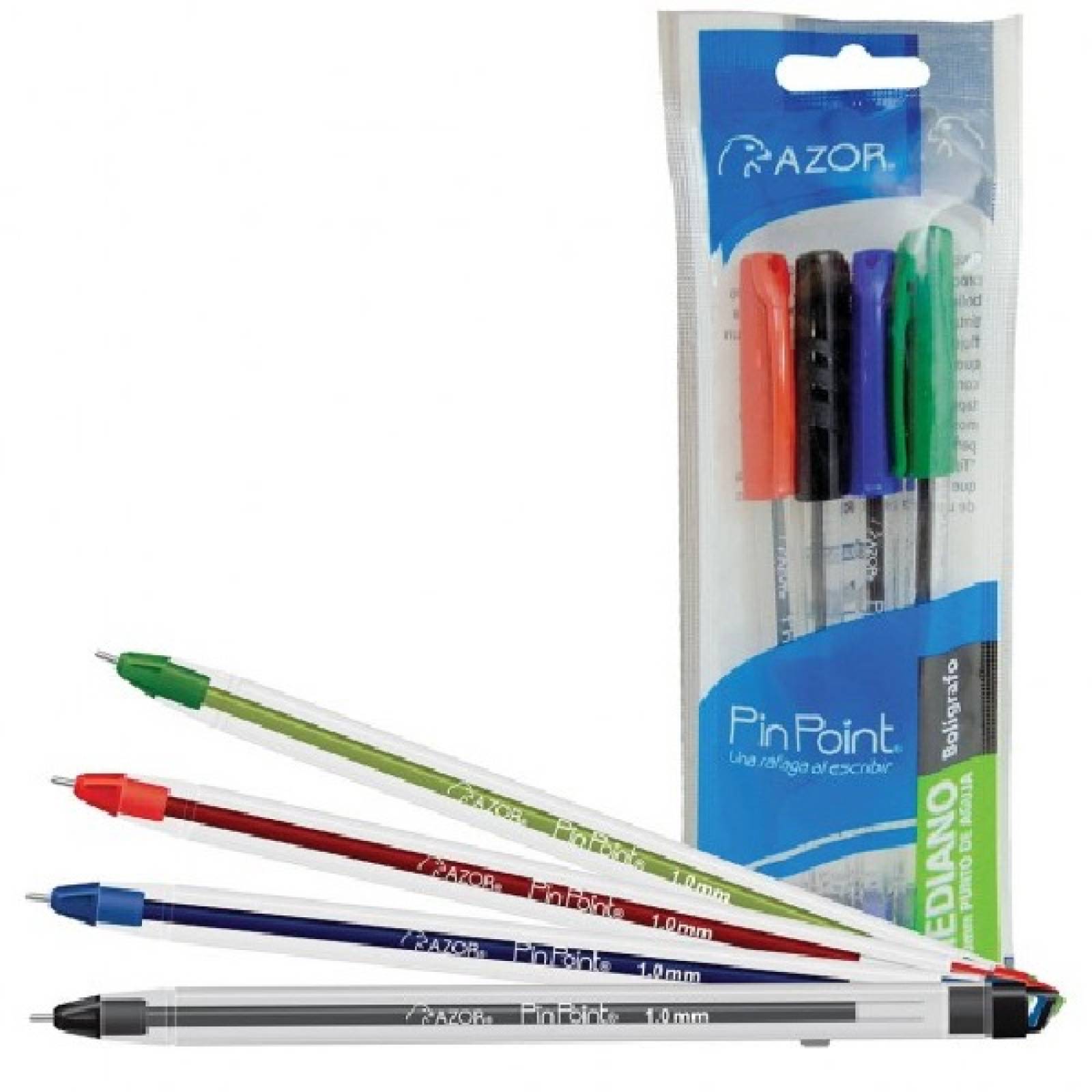 BOLÍGRAFO AZOR PIN POINT P/MEDIANO C/4pzas. "NEGRO, AZUL, ROJO & VERDE"