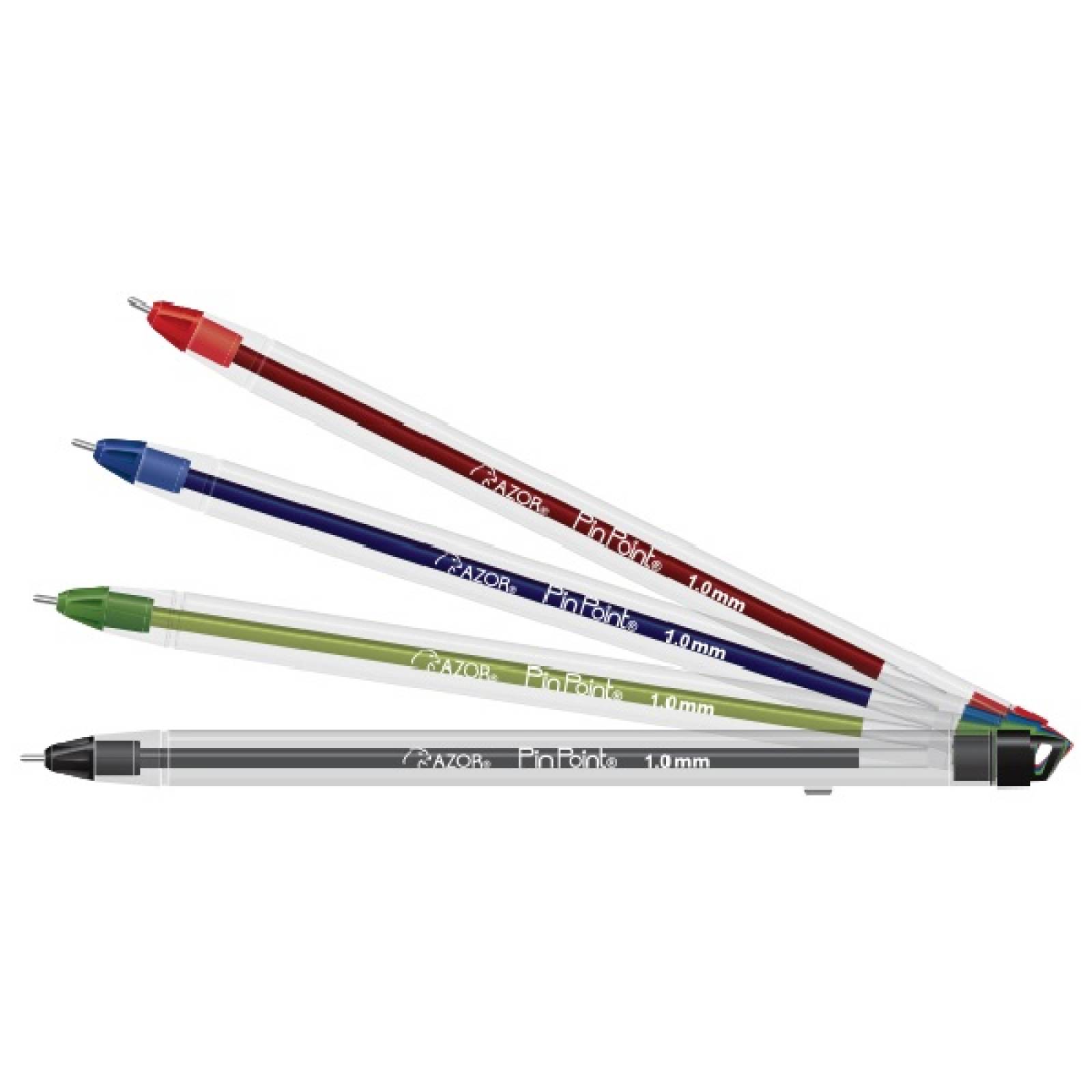 BOLÍGRAFO AZOR PIN POINT P/MEDIANO C/4pzas. "NEGRO, AZUL, ROJO & VERDE"