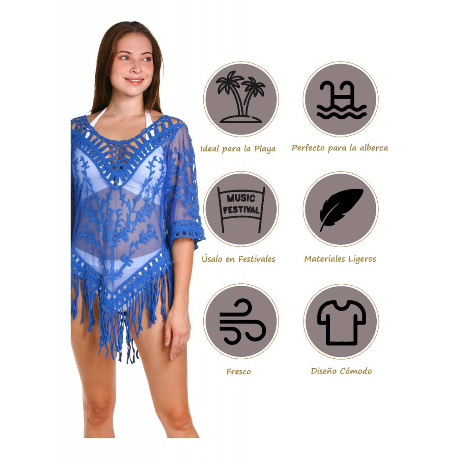 Salida de Playa Azul para Mujer Vestido de Playa Cover Up de Encaje Cómodo y Fresco Marca Relax Beach Modelo 7306