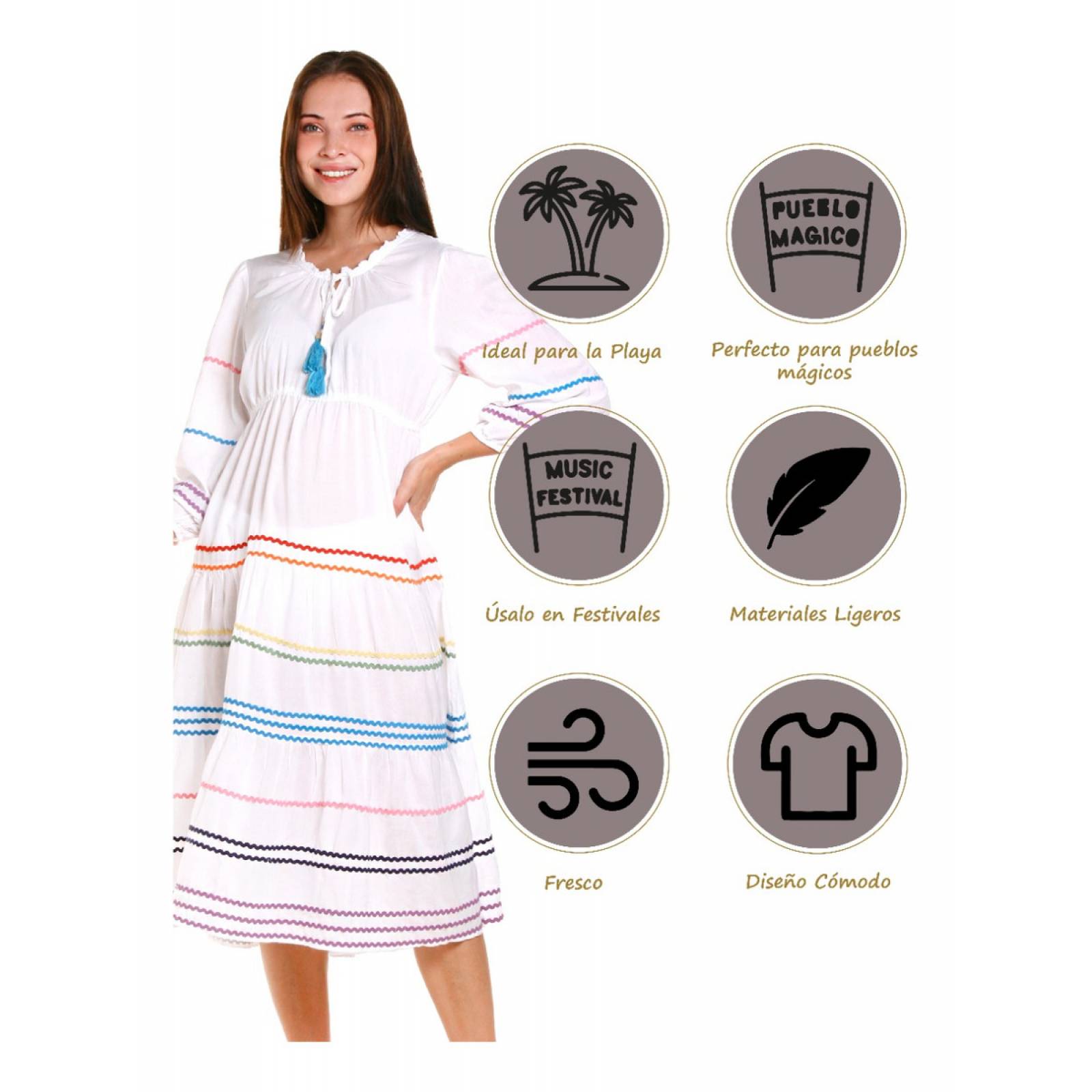 Vestido Típico Blanco para Mujer Vestido Casual de Playa Cover Up Cómodo y Fresco Marca Relax Beach Modelo 7175