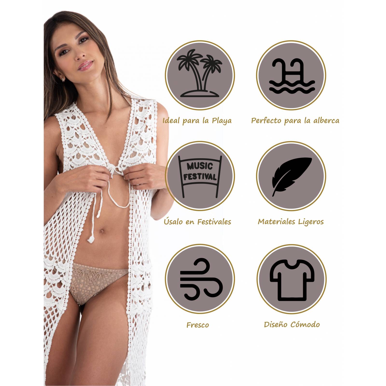 Salida De Playa De Mujer Chaleco Largo Blanco Tipo Kimono Cómodo y Fresco Marca Relax Beach Modelo 5520 390