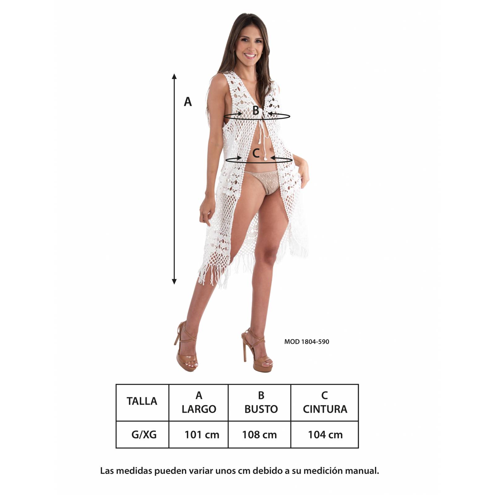 Salida De Playa De Mujer Chaleco Largo Blanco Tipo Kimono Cómodo y Fresco Marca Relax Beach Modelo 5520 390