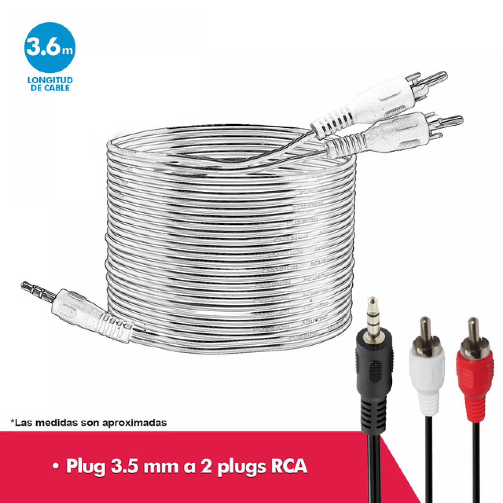 Cable Tipo "Y" 1 Plug 3.5 Mm Macho A 2 Rca Macho Fussion Ac-10103.6 De 3.6 metros
