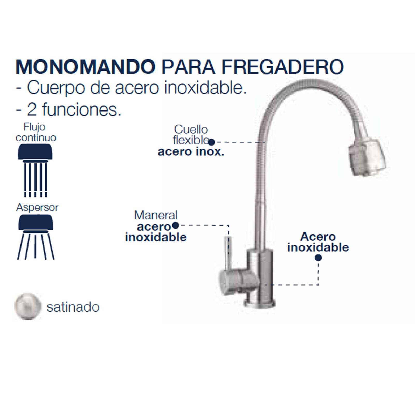 Llave Monomando Fregadero O Tarja Cocina Flexible Alfa Acero Inoxidable 304 Satinada 2 Funcioes