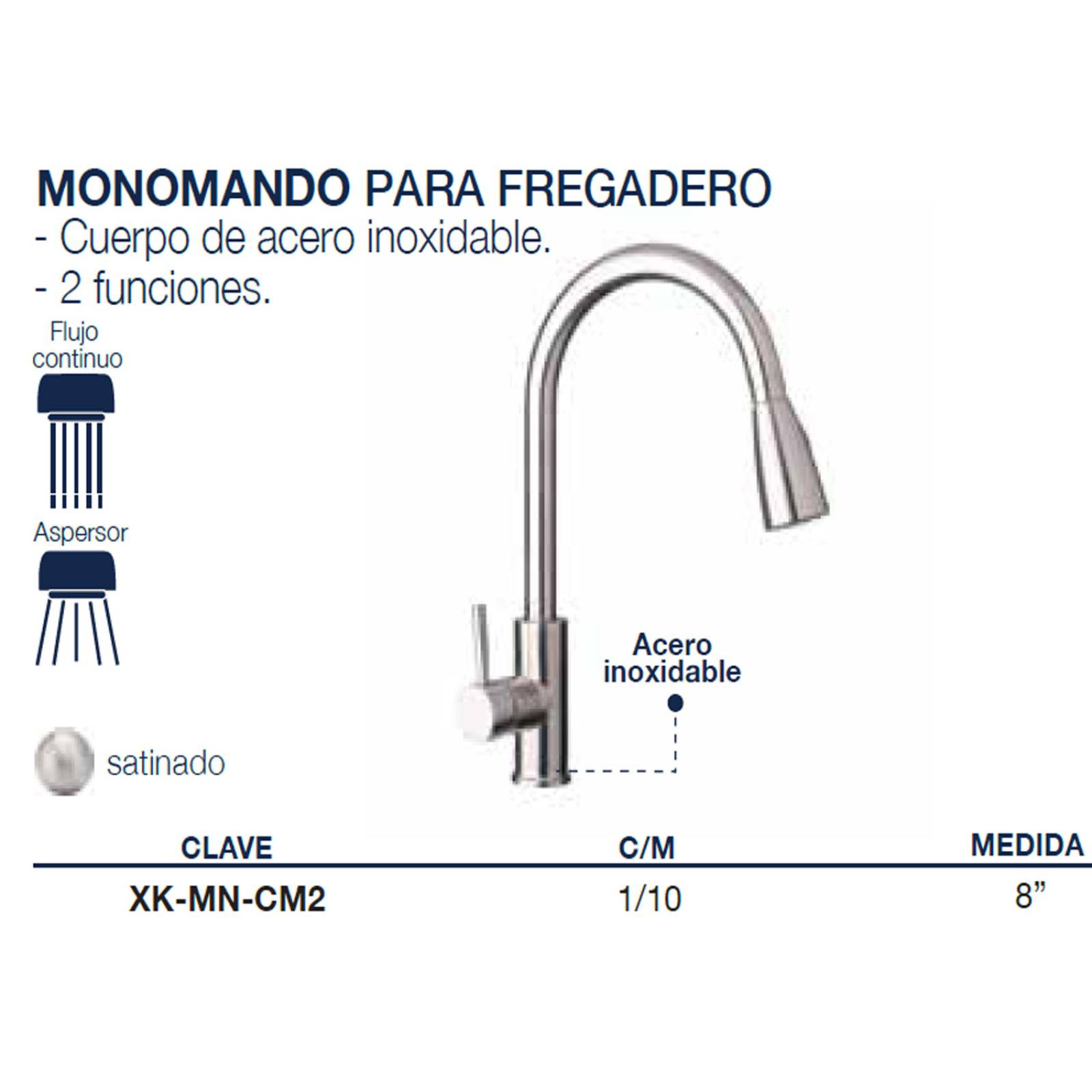 Llave Monomando Fregadero O Tarja Cocina Retractil Alfa Acero Inoxidable 304 Satinado 2 Funciones