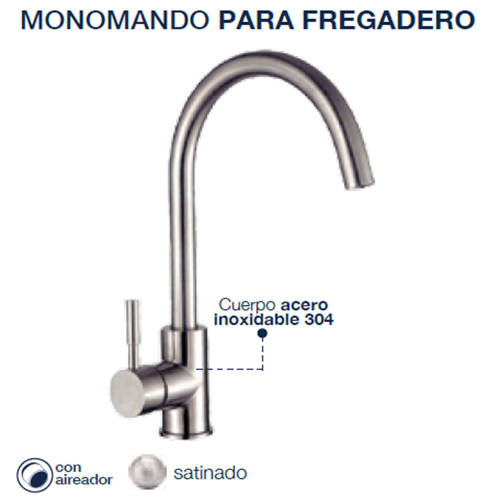 Llave Monomando Fregadero O Tarja Cocina  Rubinett Acero Inoxidable 304 Satinado Super Lujo Ancla