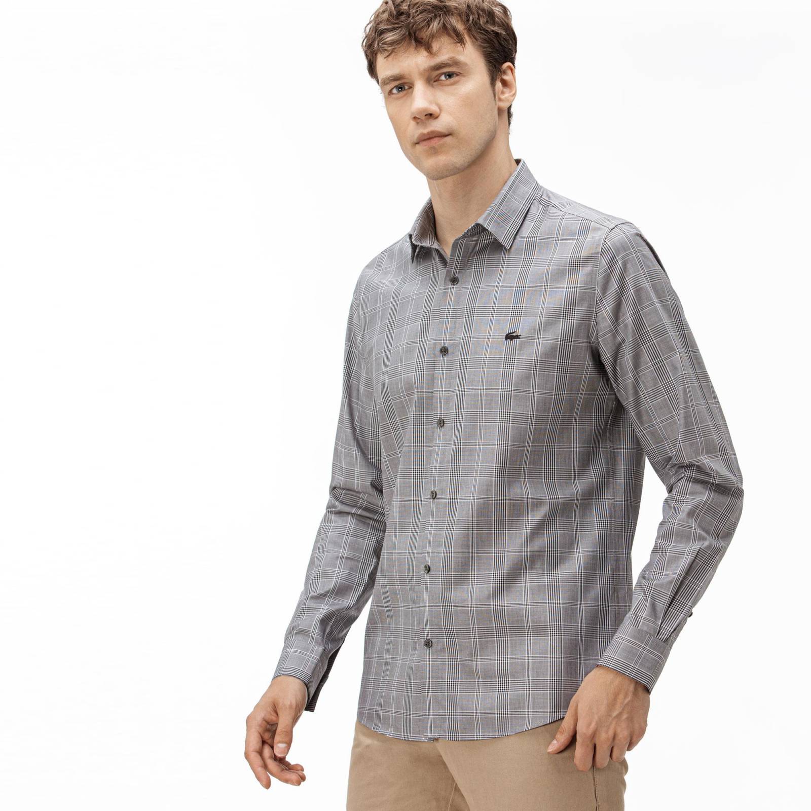 Lacoste Camisa a Cuadros Tejida de Manga Larga Para Hombre T46 Slim Fit