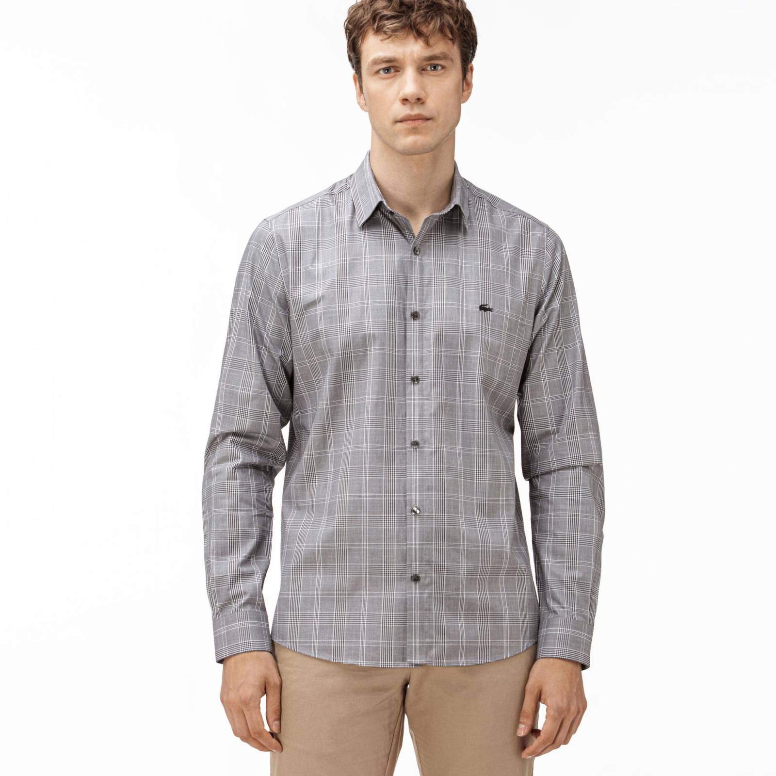Lacoste Camisa a Cuadros Tejida de Manga Larga Para Hombre T46 Slim Fit