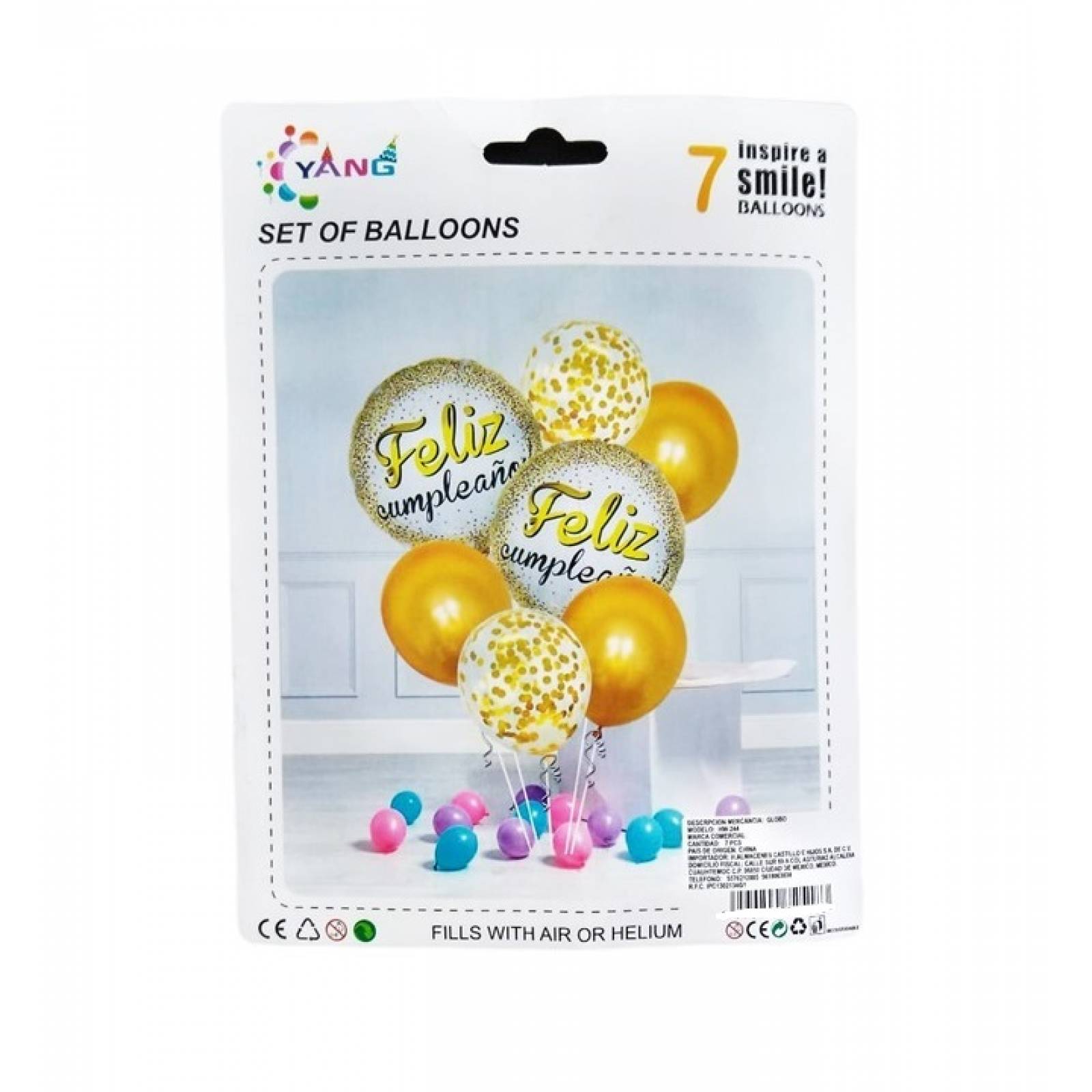 Kit De 7 Globos De Feliz Cumpleaños, Set Redondo Dorado